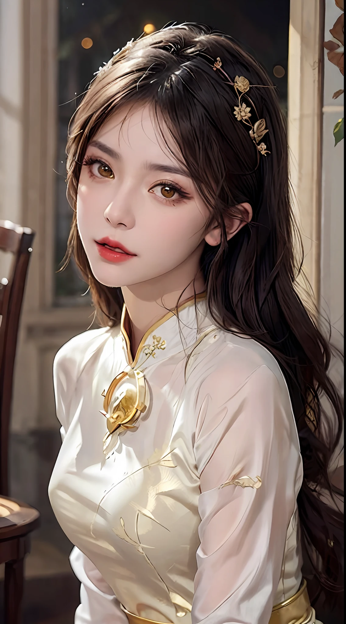 1 27-year-old girl, 1 zodiac goddess from the future, goddess of the pink and purple 12 zodiacs, the goddess of the zodiac in a yellow ao dai, a 12 zodiac ao dai with many black lace detail, mythology Goddess of the 12 zodiacs from the future, zodiac ♏, luxurious glittering zodiac style, dark and mysterious version, zodiac crown, lipstick lips red, thin and beautiful lips, mouth closed, characters made by karol bak and pino daeni, intricate detail, detailed background, extremely detailed, light magic, a woman, clear face, hair long with bangs, beautiful face in detail and well-proportioned eyes, (transparent yellow eyes: 1.8), big round eyes and very beautiful and detailed makeup, foresight, silk dress, mysterious makeup , double bangs and dyed light blonde , upper half portrait, zodiac goddess portrait, arms hanging loosely, Realistic and vivid photo, (stars make up the zodiac: 1.7), (sky background zodiac and fictitious space and time portal: 1.8), fiction art, RAW photo, hanfu picture, best photo, best photo quality, 8k quality, 8k ultra, super realistic, real photo most economical, the goddess poses sexy and seductive,