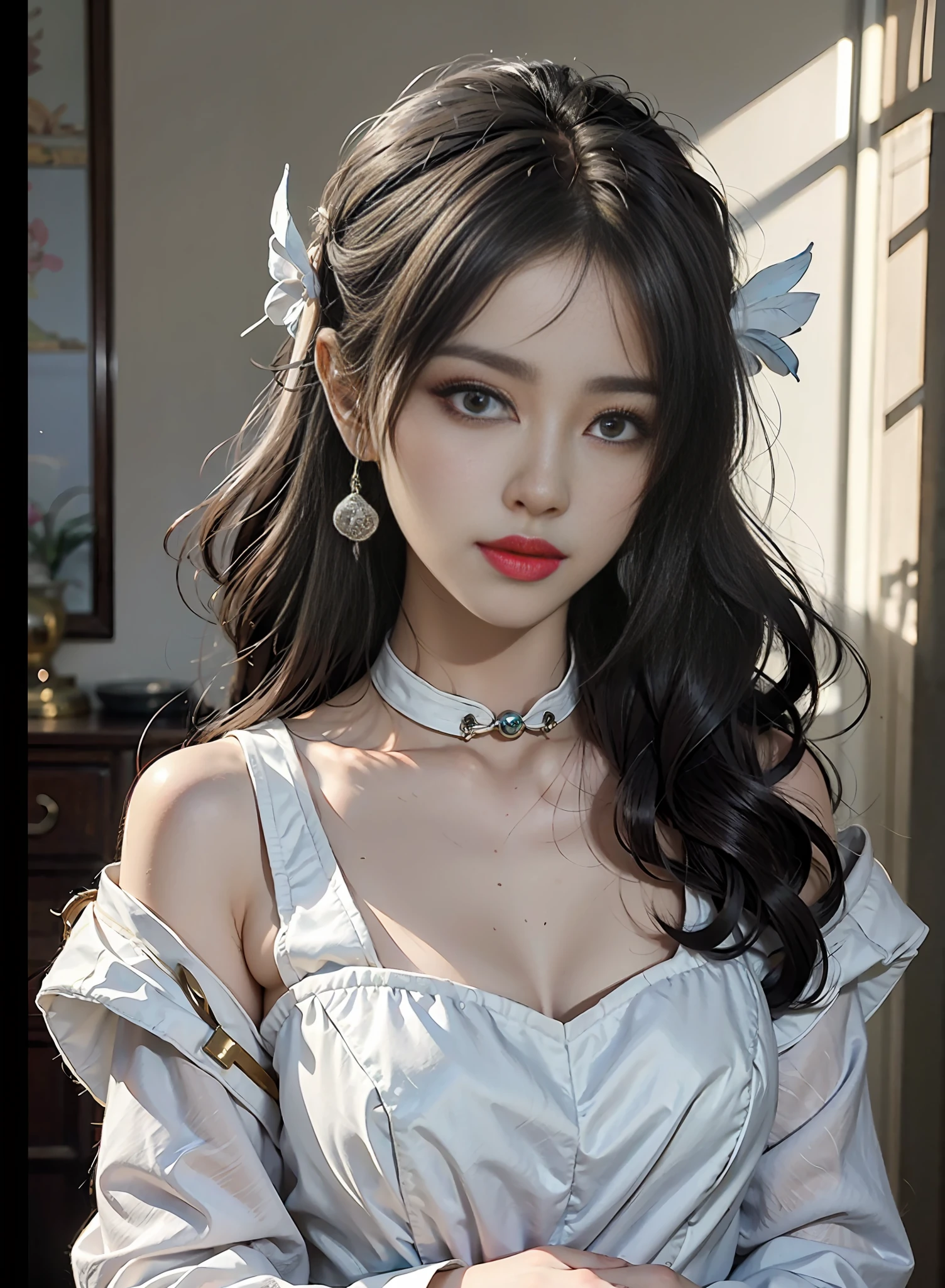 High quality, masterpiece, masterpiece, exquisite facial features, delicate hair, delicate eyes, delicate colored hair, 4K picture quality, brilliant light and shadow, Tyndall effect, halo, messy hair, youthful state, gorgeous scene, exquisite clothes, chains, feathers, big eyes of ancient Chinese beauty very detailed, digital painting, artstation, concept art, clear focus, illustration, (full body 2.0), greg rutkowski and alphonse mucha and victo ngai of art