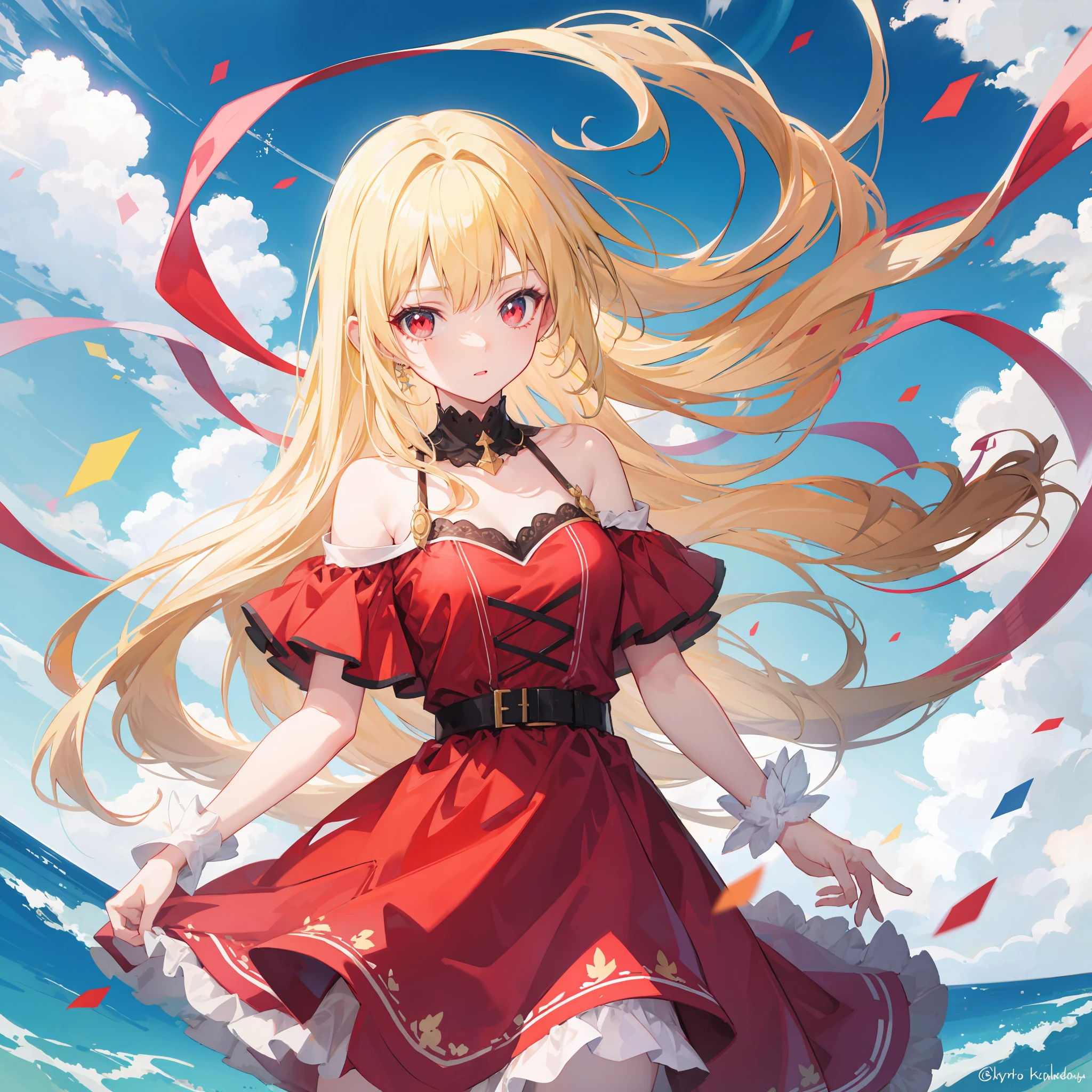 anime, blonde and red-eyed girl, dress, off-the-shoulder, sky
