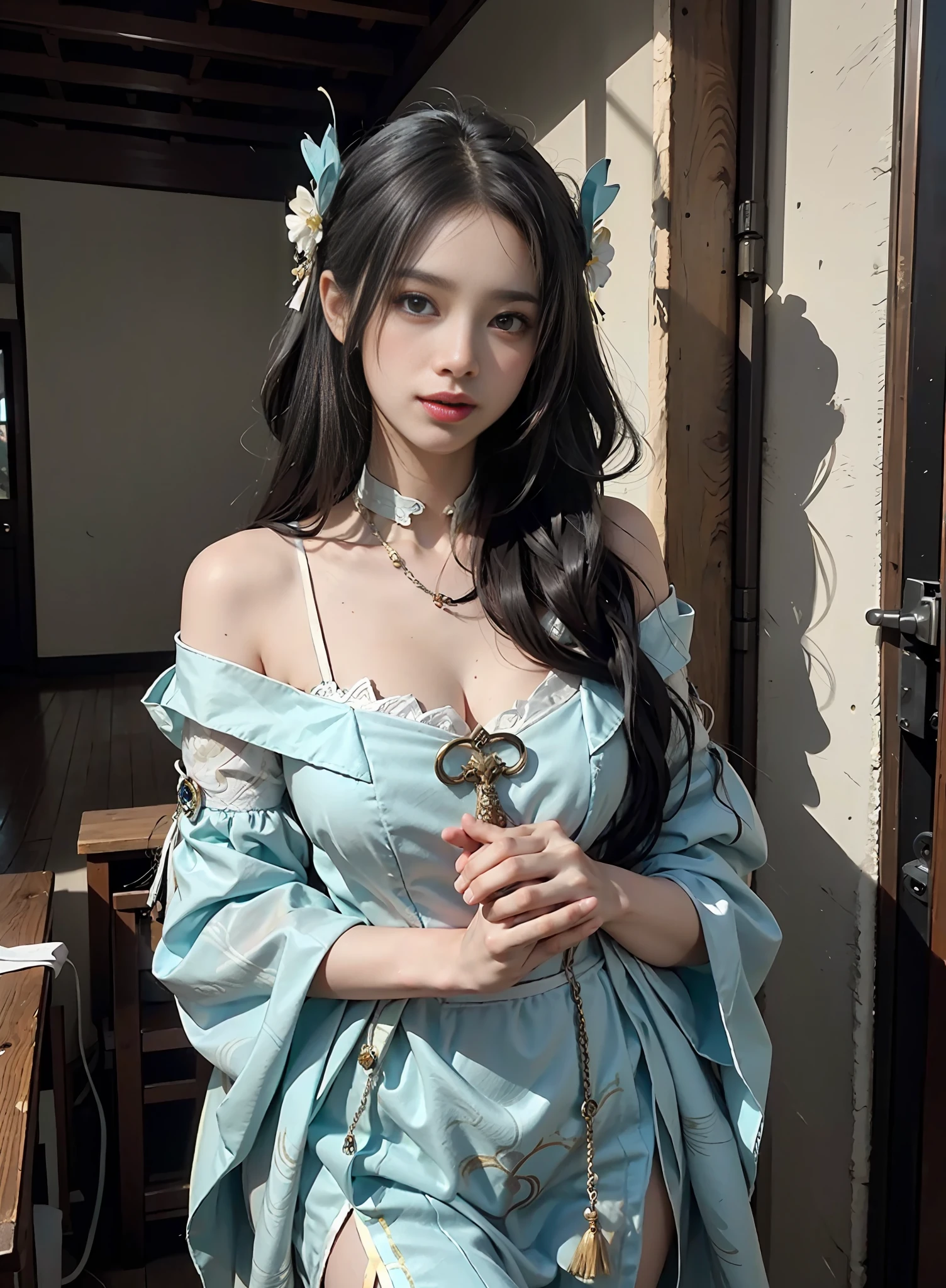 High quality, masterpiece, masterpiece, exquisite facial features, delicate hair, delicate eyes, delicate colored hair, 4K picture quality, brilliant light and shadow, Tyndall effect, halo, messy hair, youthful state, gorgeous scene, exquisite clothes, chains, feathers, big eyes of ancient Chinese beauty very detailed, digital painting, artstation, concept art, clear focus, illustration, (full body 2.0), greg rutkowski and alphonse mucha and victo ngai of art