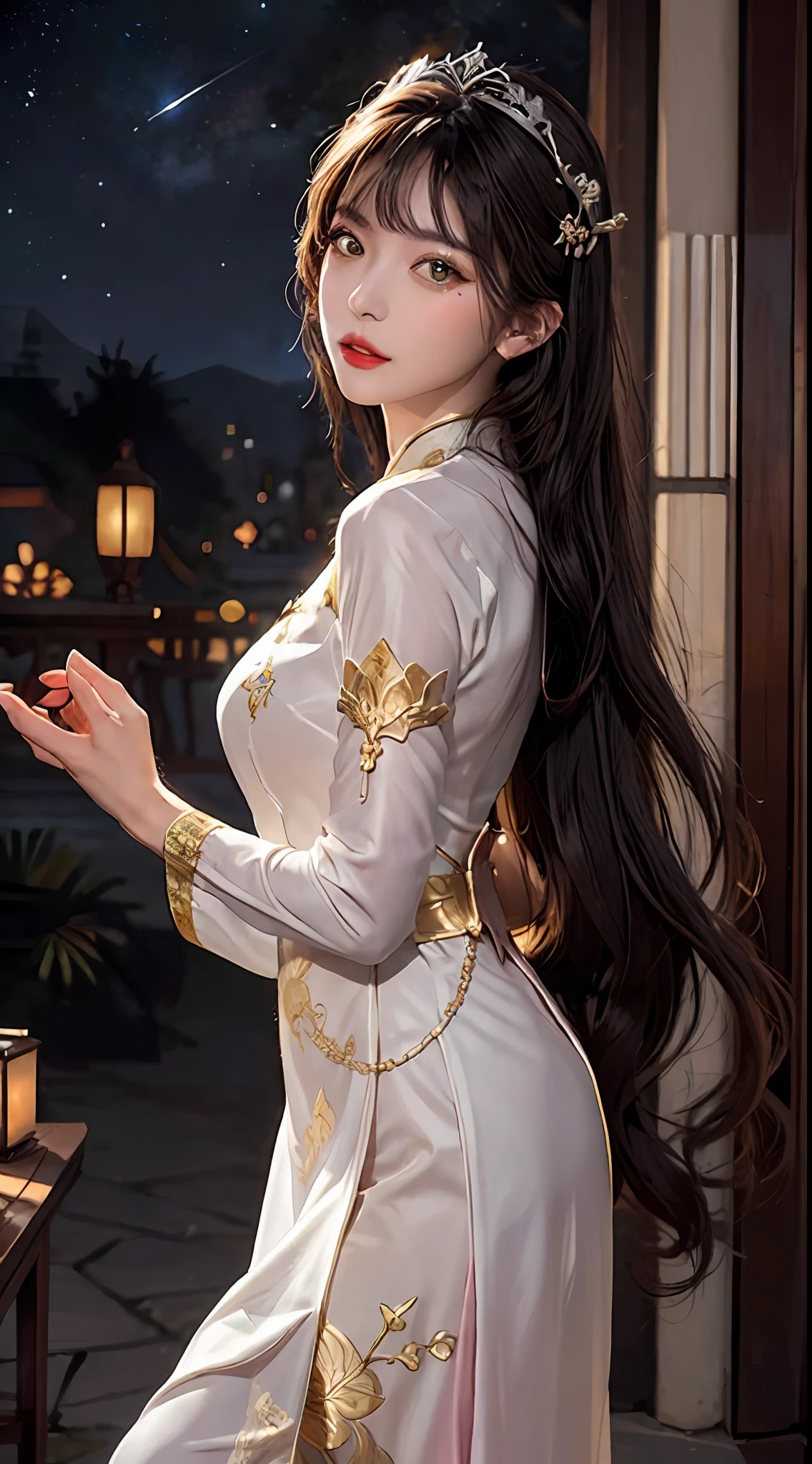 1 27-year-old girl, 1 zodiac goddess from the future, goddess of the pink and purple 12 zodiacs, the goddess of the zodiac in a yellow ao dai, a 12 zodiac ao dai with many black lace detail, mythology Goddess of the 12 zodiacs from the future, zodiac ♏, luxurious glittering zodiac style, dark and mysterious version, zodiac crown, lipstick lips red, thin and beautiful lips, mouth closed, characters made by karol bak and pino daeni, intricate detail, detailed background, extremely detailed, light magic, a woman, clear face, hair long with bangs, beautiful face in detail and well-proportioned eyes, (transparent yellow eyes: 1.8), big round eyes and very beautiful and detailed makeup, foresight, silk dress, mysterious makeup , double bangs and dyed light blonde , upper half portrait, zodiac goddess portrait, arms hanging loosely, Realistic and vivid photo, (stars make up the zodiac: 1.7), (sky background zodiac and fictitious space and time portal: 1.8), fiction art, RAW photo, hanfu picture, best photo, best photo quality, 8k quality, 8k ultra, super realistic, real photo most economical, the goddess poses sexy and seductive,