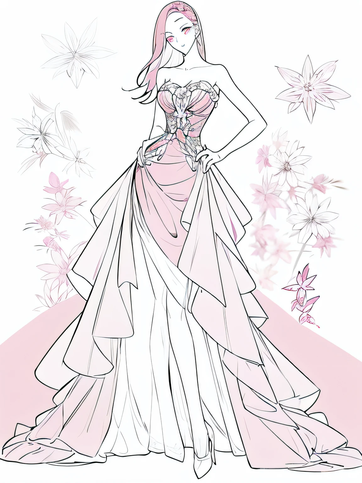 A woman wearing a pale pink wedding dress, a pale pink dress dress,
