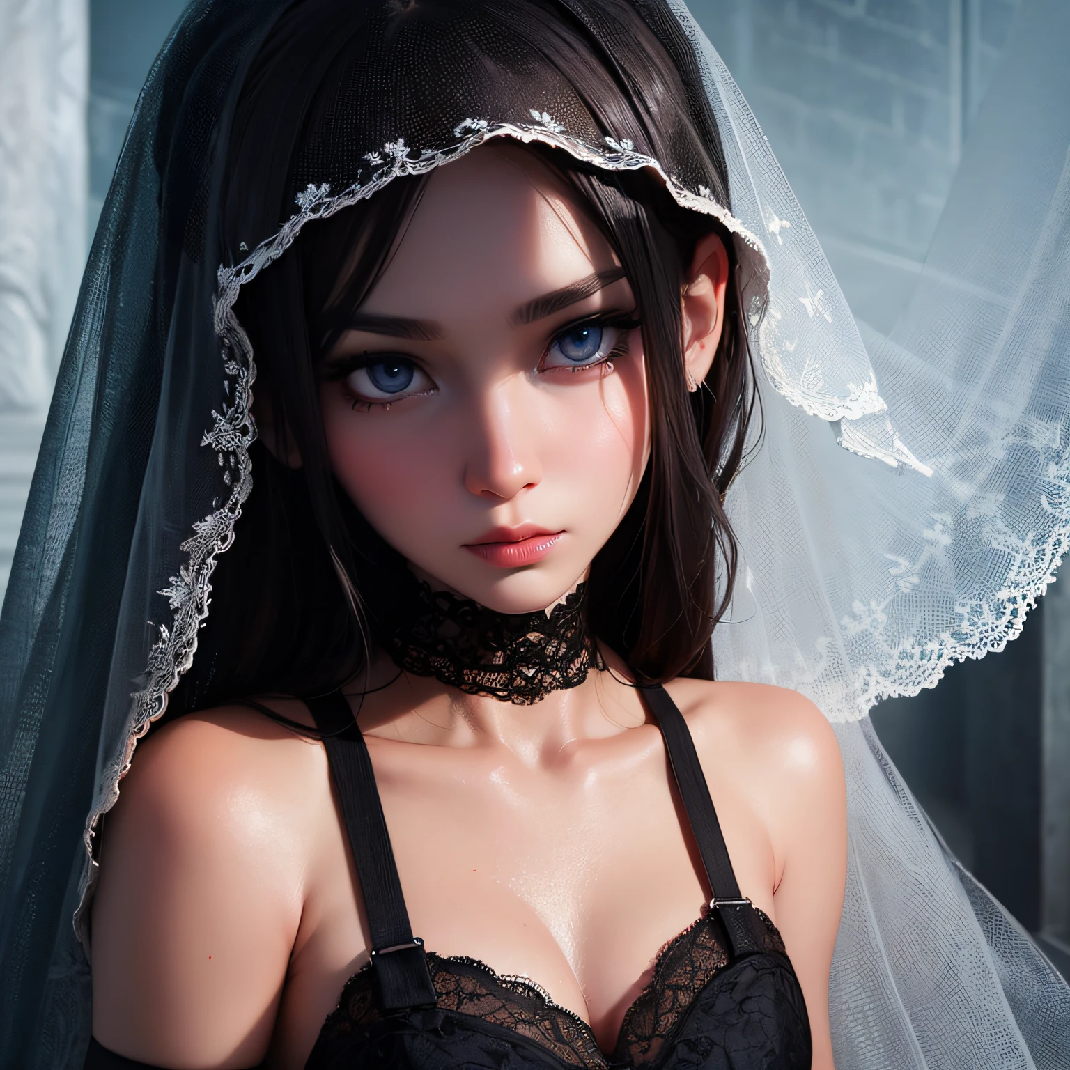 Masterpiece,Highly Detailed,widow,dark veil, beautiful face,best light,best shadow,blue eyes,dark theme, white skin, dark hair,black garter belt,cemetery background, sexy --auto