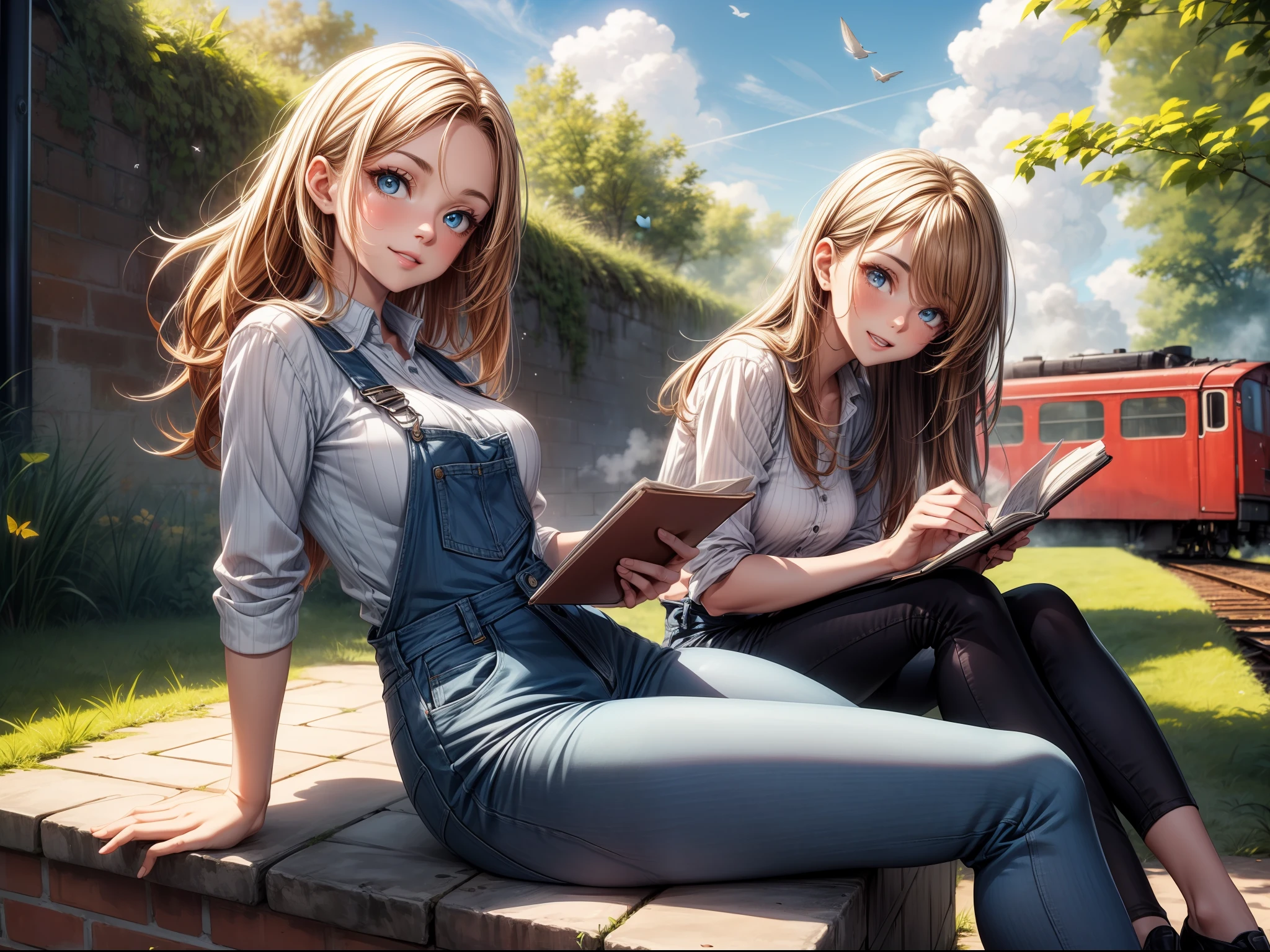 (masterpiece), best quality, expressive eyes, perfect face, girl, (ginger hair), long hair, (French plat), side parting, blue eyes, shiney eyes, detailed eyes, (medium breasts), slim waist, wide hips, slim, (denim dungaree), white shirt, (black leggings), (holding a sketch book), (sitting on a brick wall:1.2), countryside, waving, happy, joyful, excited, blue sky, clouds, sunshine, grass, beautiful scenery, (steam train), (train tracks), birds flying, butterflies, breeze, cute, beautiful, detailed, trees