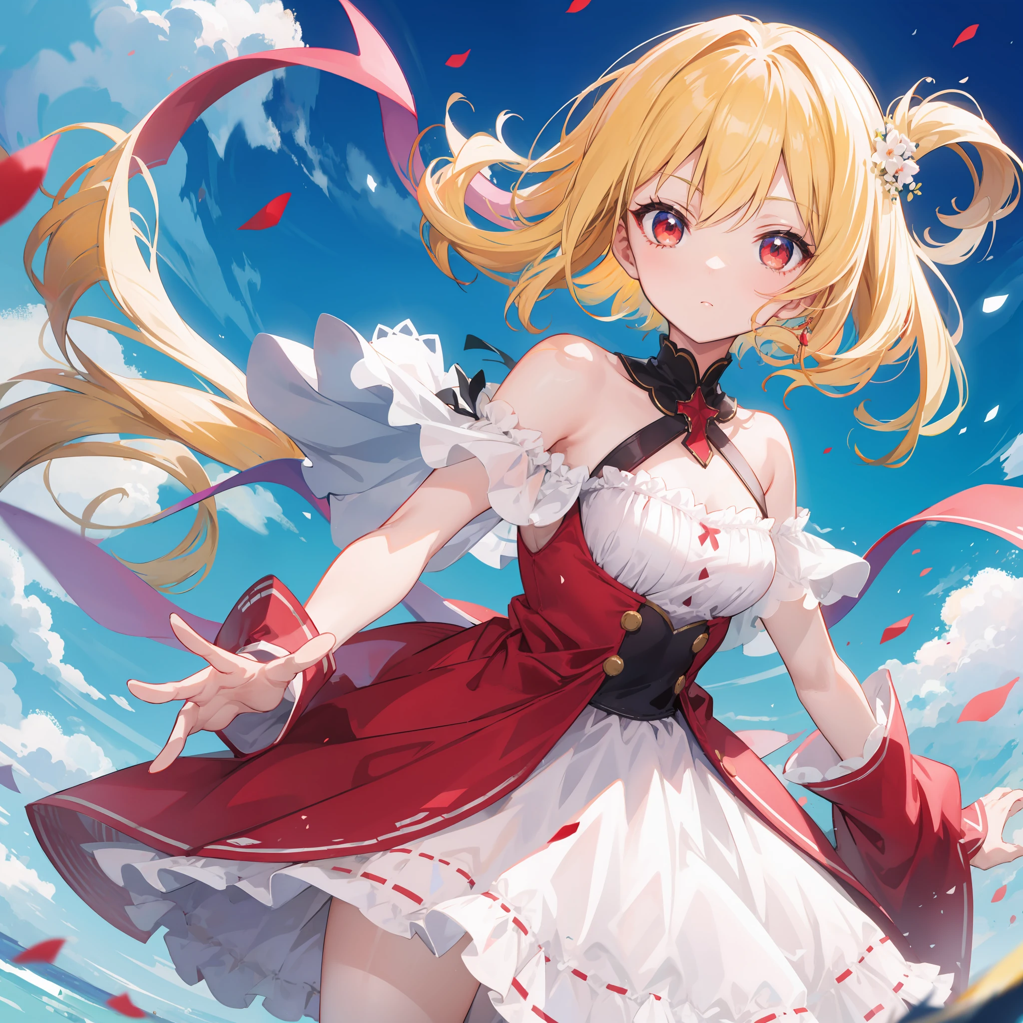 anime, blonde and red-eyed girl, dress, off-the-shoulder, sky