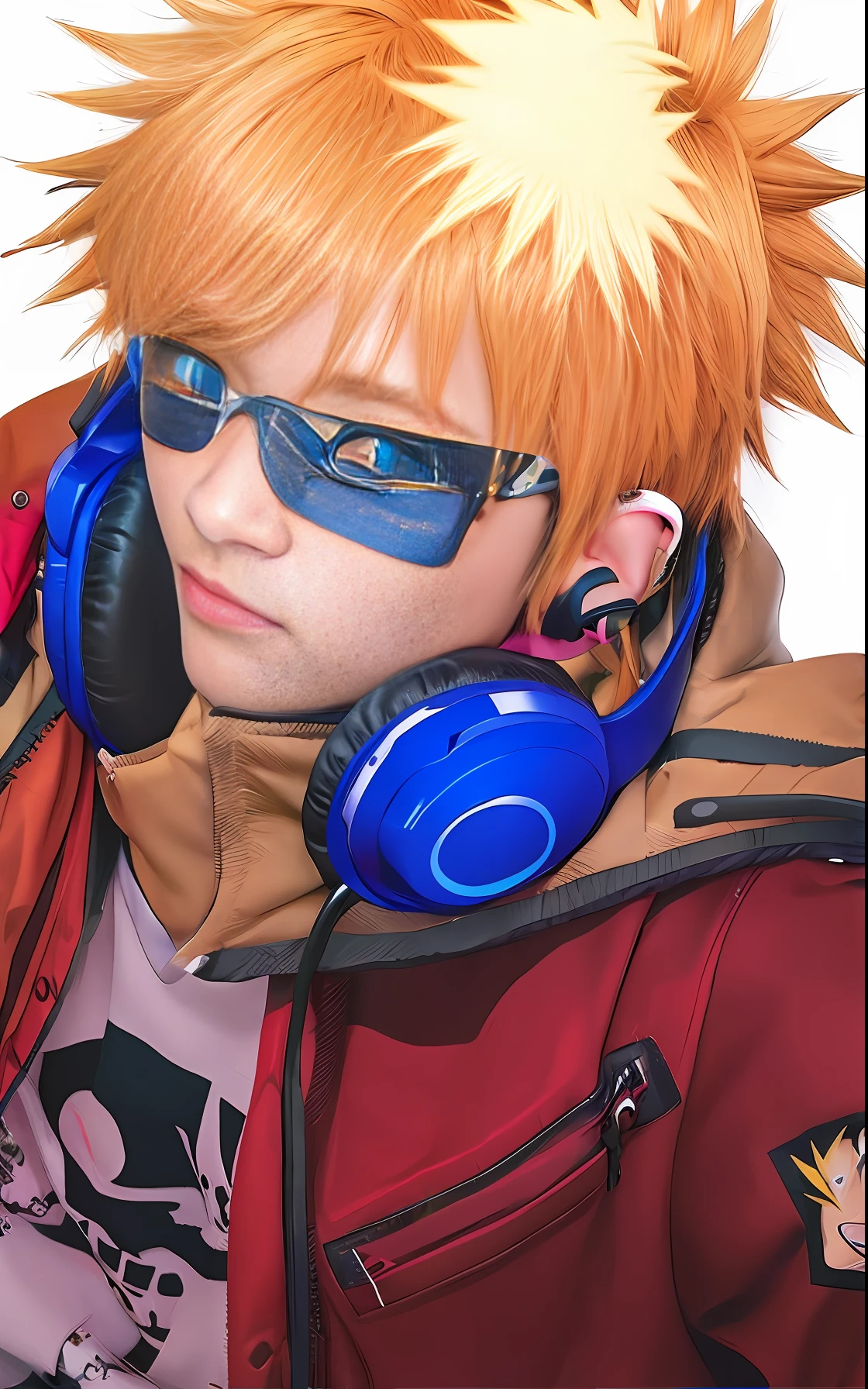 a close up of a person with headphones on wearing a jacket, toru narita, ichigo, ichigo kurosaki, orange - haired anime boy, naruto uzumaki, anime style”, bleach manga style, he wears an eyepatch, with headphones