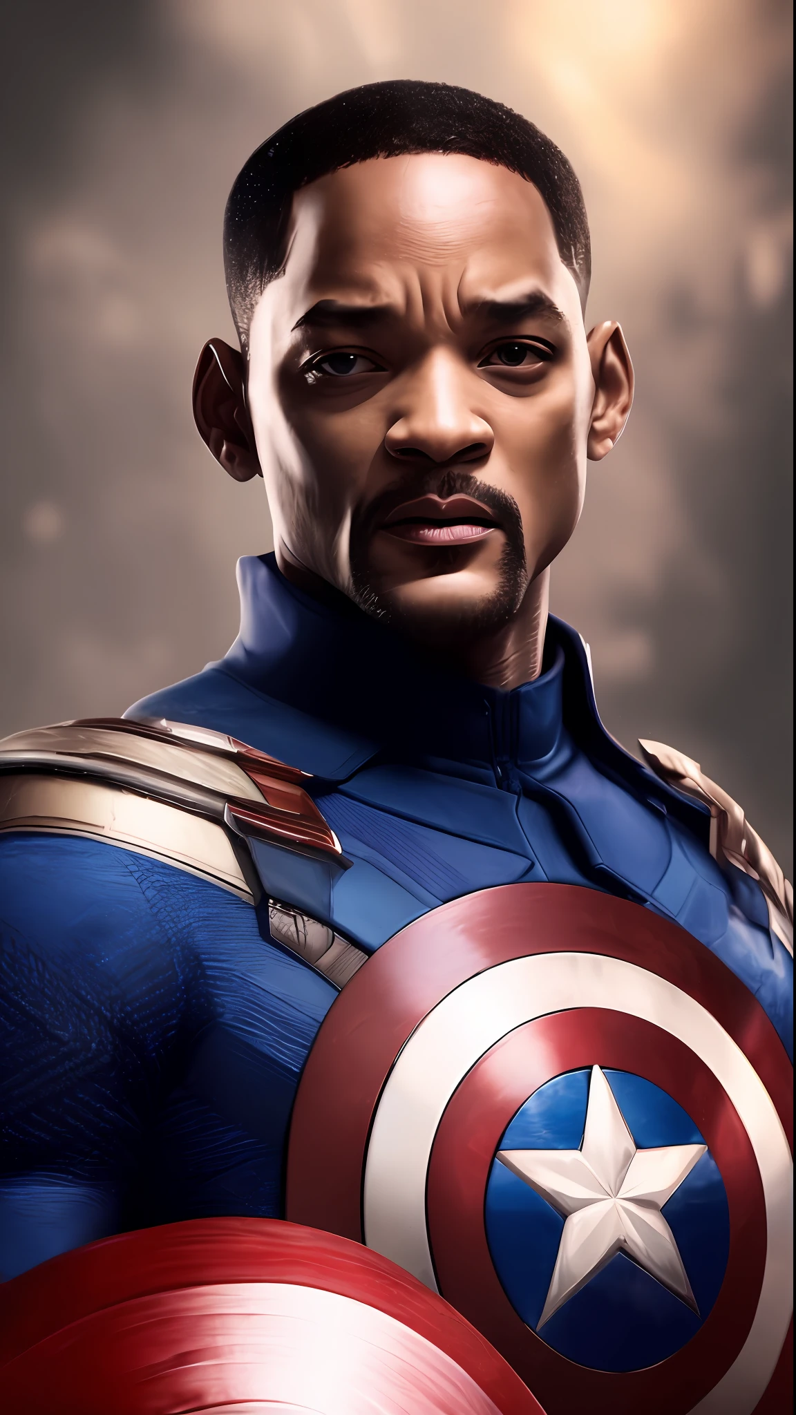 . Tarantino style Will Smith as Captain America 8k, high definition, detailed face, detailed face, detailed eyes, detailed suit, in style of marvel and dc, hyper-realistic, + cinematic shot + dynamic composition, incredibly detailed, sharpen, details + superb details + evening with light + perfectionism + award winning realism ((moody lighting))