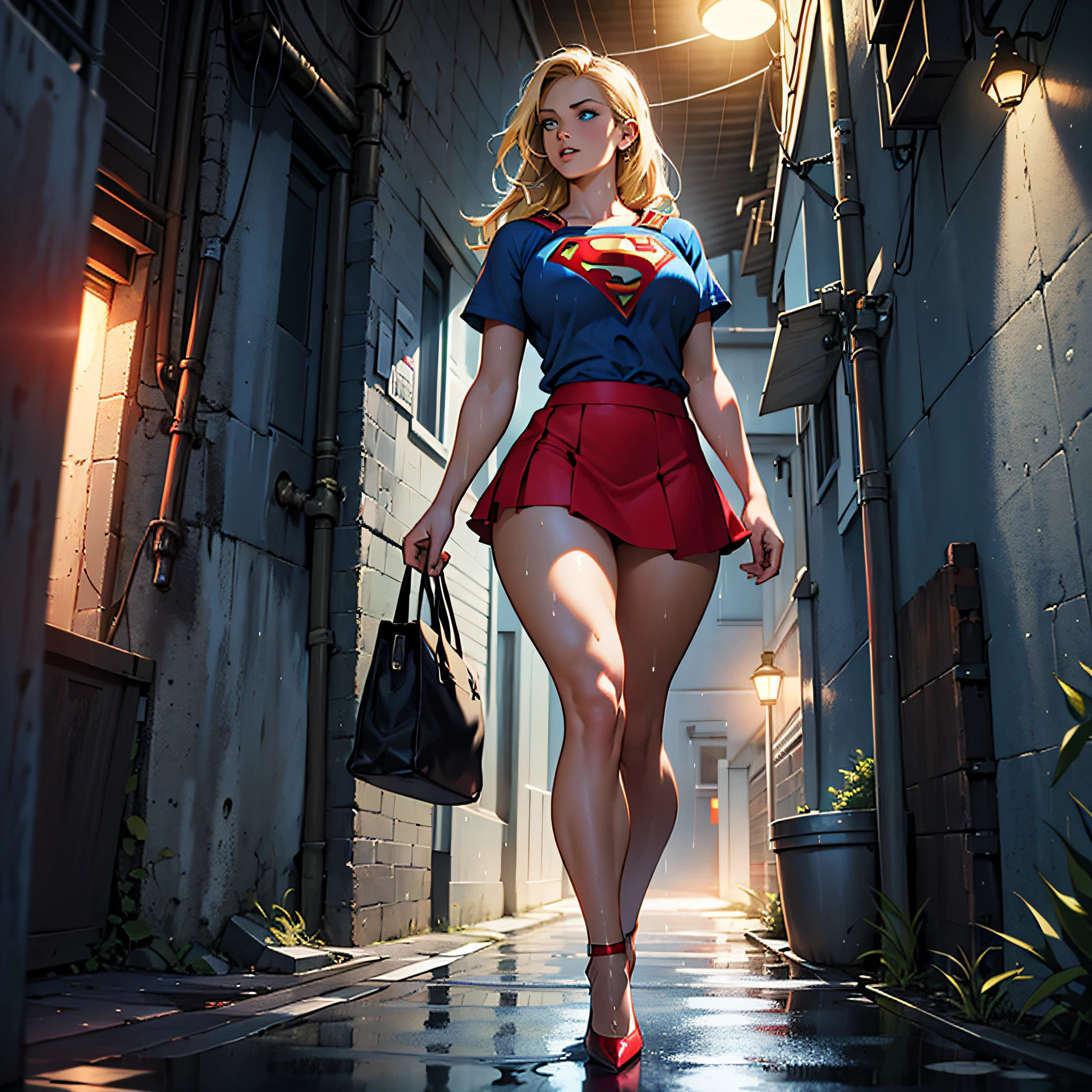 Female supergirl character, with big bust, thin blue t-shirt, big neckline, blonde hair, deep blue eyes, short red skirt, red stiletto heeled shoes, round ass, big thick lips, walking in a dark corner of the night near a well-lit alley, rain falling, body wet. --auto