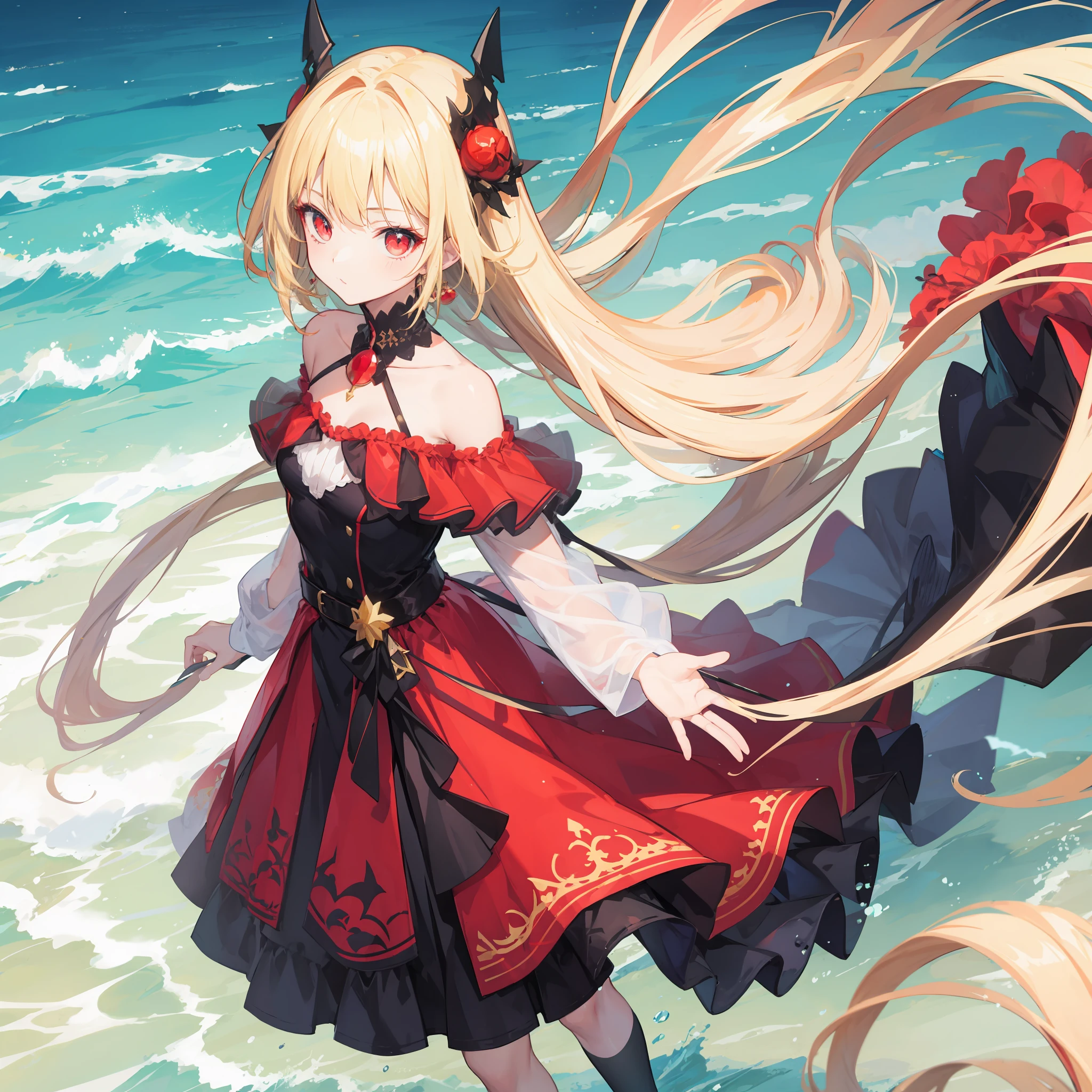 anime, blonde and red-eyed girl, dress, off-the-shoulder, sea
