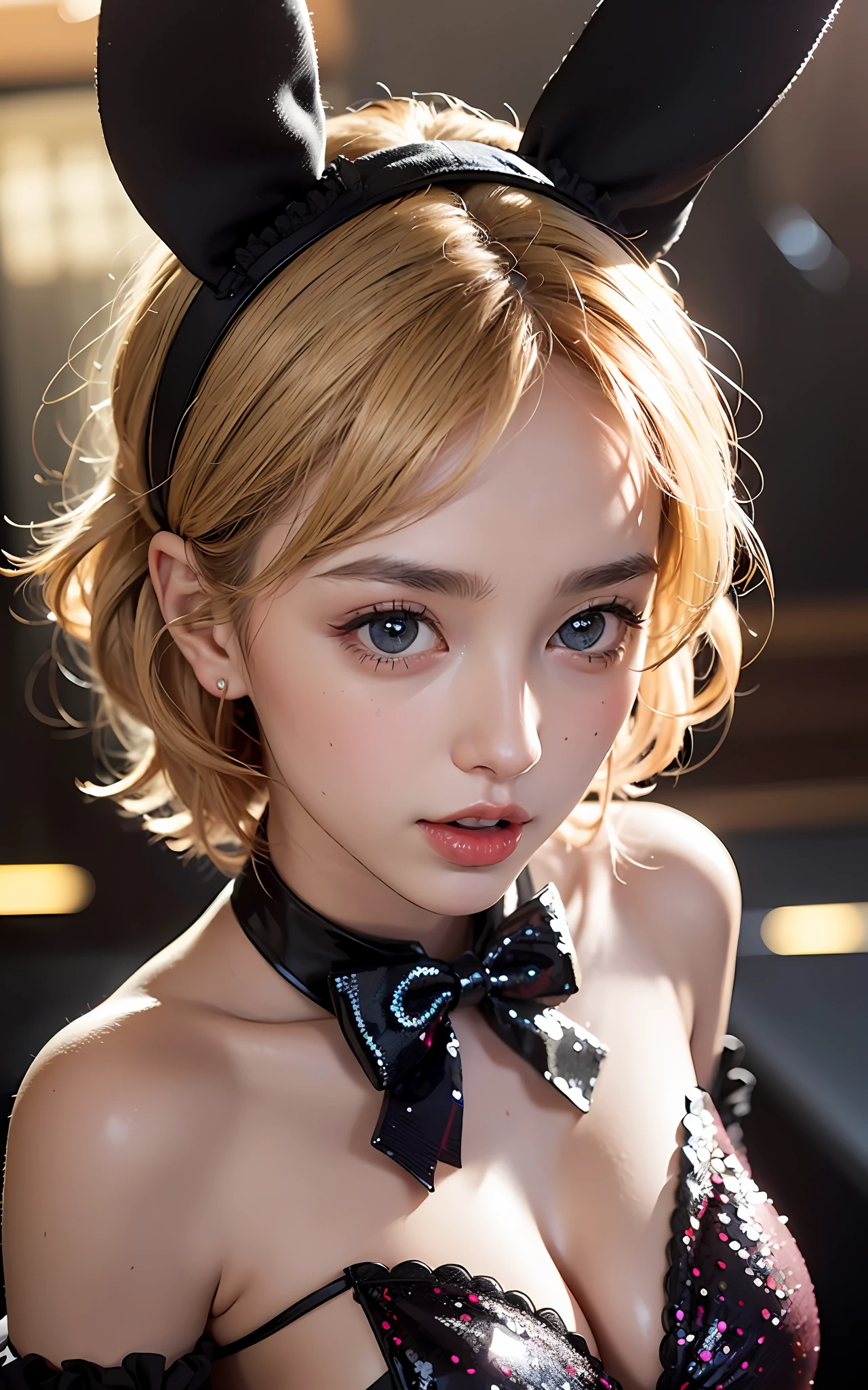 (Realistic, Photorealistic: 1.37), (8k, RAW Photos, Best Quality, Masterpiece: 1.2), Very Cute Woman, Super Detail, Heart-Shaped Pupils, Physically Based Rendering, Ultra High Resolution, Kodak Vision Color, Shot with Arricam LT Camera, Bokeh, Sharp Focus, (((Correct Anatomy: 1.2)))), (Cute Pose)), Watch Viewer, Realistic, Solo, Photorealistic, Top Quality, Highly Detailed Face, ((Sequins, Black Bunny Girl Costume, Black Rabbit Ear Shaped Hairband, Bow Tie: 1.2)), Blonde, Very Short Hair, Highly Detailed Eyes and Face, Beautiful Detailed Eyes, Double Eyelids, ((Ecstatic Look, Open Mouth: 1.2)), Red Cheeks, Hair Fluttering in the Wind, Watch the Viewer, ((Composition from above)) , ((nightclub, background blur)), ((big)), show cleavage