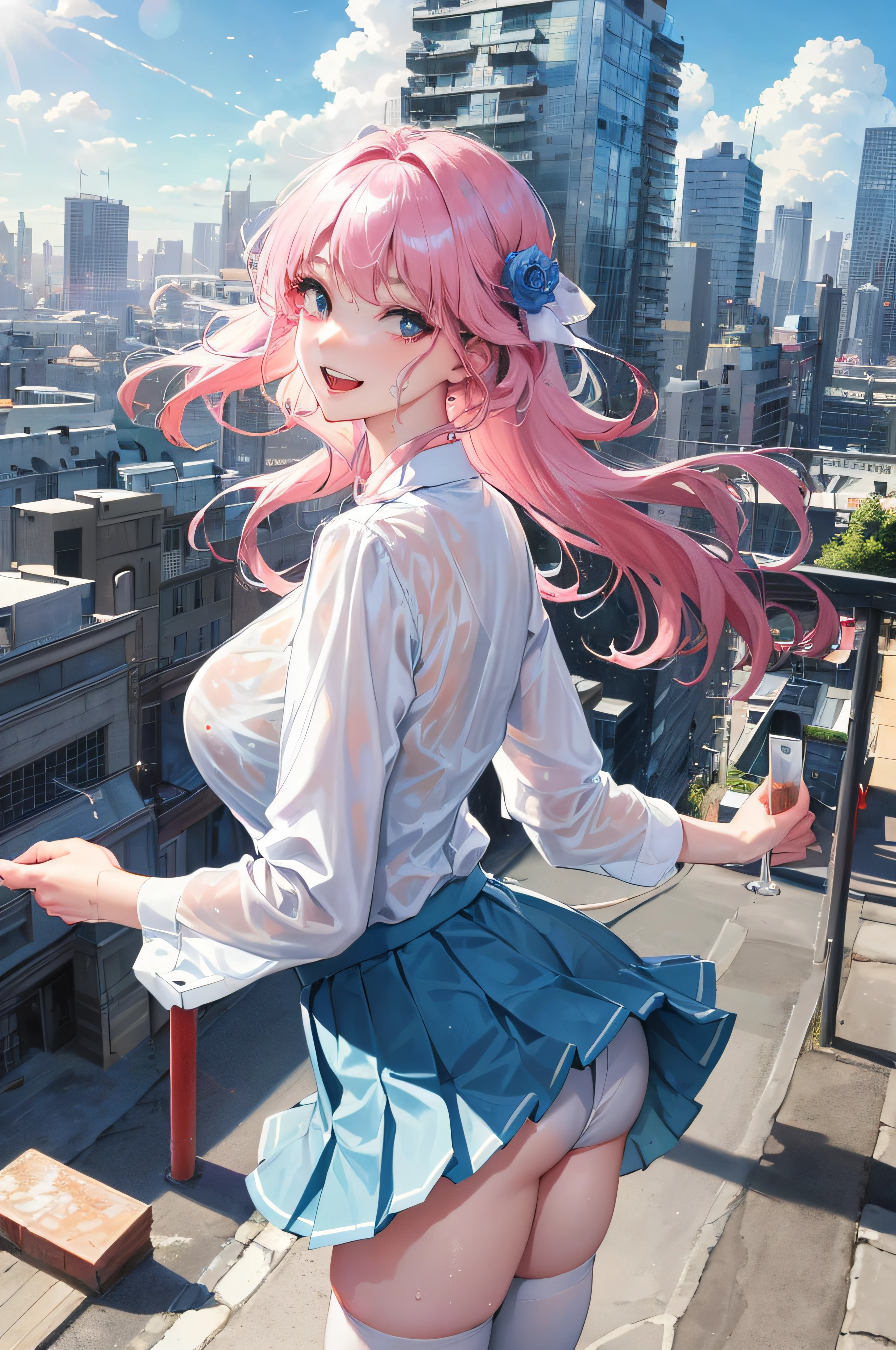 Official Art, Masterpiece, Sharp Focus, (Beautiful Gorgeous Cute Korean Woman: 1.3), (Beautiful Cute Korean: 1.3), Korean Beauty, Delicate Beautiful Hair and Eyes and Face, Realistic, Ultra Detailed, Beautiful Girl, Blue Sky, Glowing White Particles, (Sidelighting: 1.2), Sunlight, White Clouds, Delicate Clouds, Slender, Cute Big Breasts Big Buttocks, Toothy Laughing, ((Laughing with Eyes Open)), Landscape, Long Straight Hair, Sexy Facial Expressions, Architecture, ( Cityscape:1.7), Dynamic Hair, Long Straight Hair, Delicate Platinum Pink Hair, Glowing Blue Eyes, (Blue Pleated Shirt + White Skirt), White Stockings, Pale Skin, Hair Accessories, Epic Landscape, Soaked Clothes, Clear Clothes, Wet