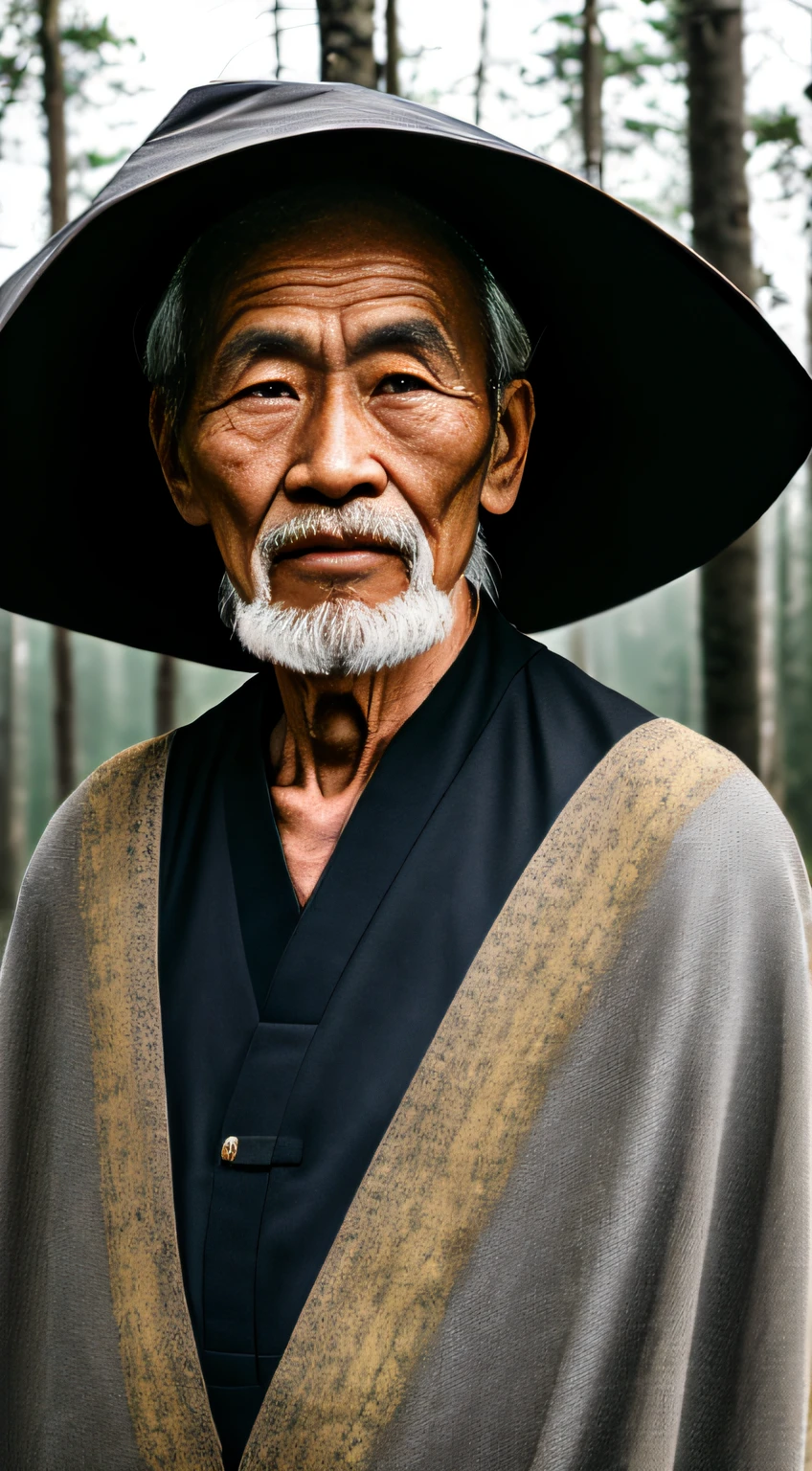 Frontal portrait photography style, world masterpiece, super unique high professional digital art, film format, hyper-realism, color film photography with ultra-fine details and quality, background is deep in the forest, an old man in rural China, an old man of wisdom. He wears an old cloak and his eyes are kind and shrewd. His skin has been blackened and powerful by the sun and rain, and the wrinkles are fixed on the corners of his mouth and forehead, making it seem that his years have precipitated. Although wearing a dark gown, although simple in appearance, it exudes sublime wisdom and a sense of tenacity of strength.