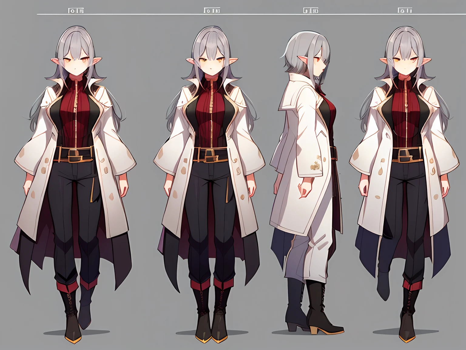dynamic series of drawings showing a skinny, sorcerer elf girl thin, fragile, straight hair, disheveled hair, (white coat with red accents, killer-style coat, fantasy (pants), boots), adventurer's clothes, glowing eyes, (gray hair: 1.2), (bob's haircut), (yellow eyes),, drawing character sheet, pose reference, drawings of the same character at different angles,in 6 poses. 8k,high quality, high resolution, 4k, hd,(well designed face), amazing face, (super detailed), beautiful eyes