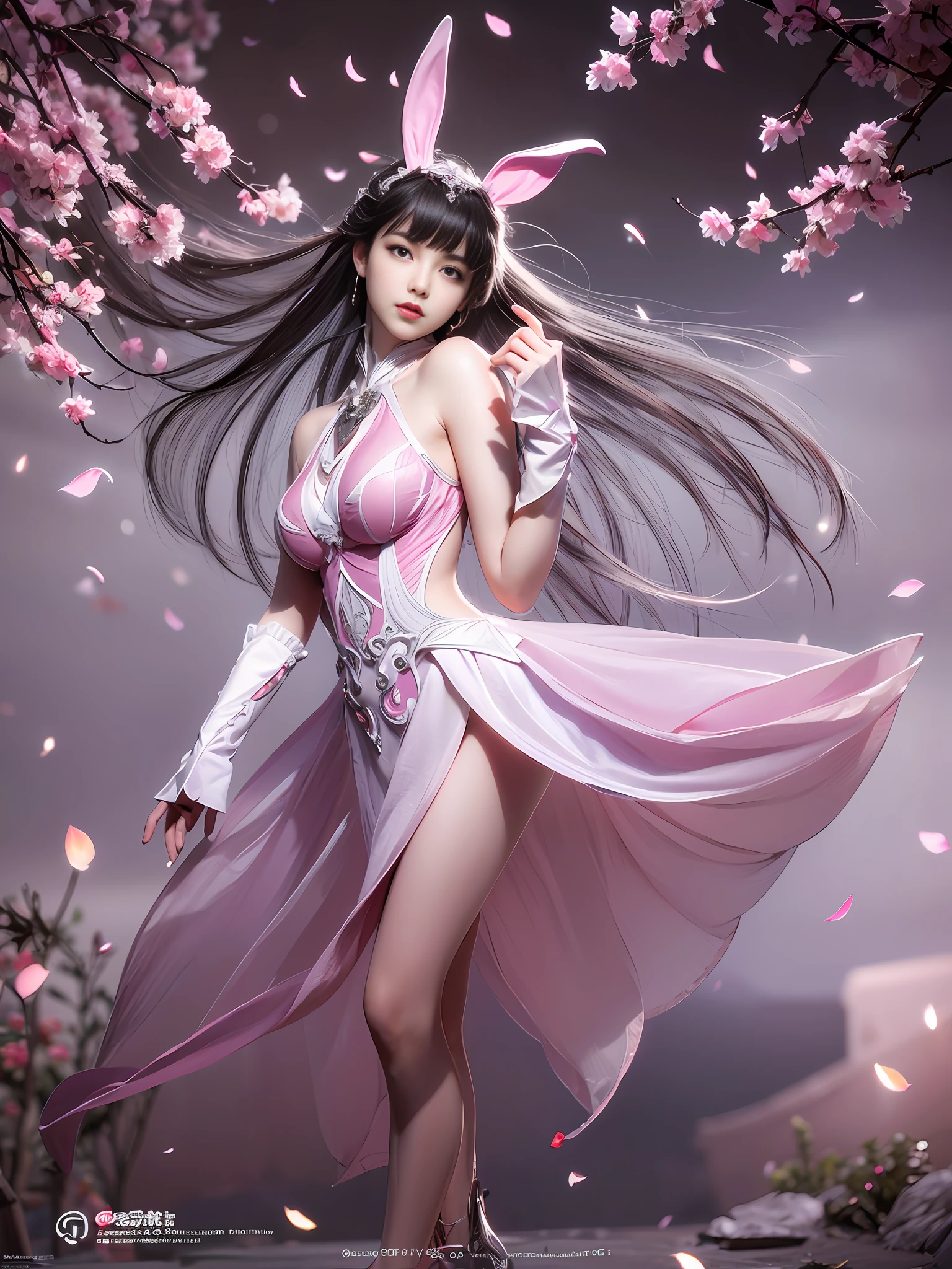 (1girl:1.3), solo, standing, official art, 8k wallpaper, super detailed, beautiful and aesthetic, masterpiece, best quality, super fine photo, best quality, super high resolution, photorealistic photorealism, sunlight, full body, long legs, sexy, breasts, medium breasts, long hair, long braids, fair skin, amazing beauty, delicate face, vibrant eyes, (from the front), detailed face, gorgeous, highly detailed skin, realistic skin details, visible pores, peach blossoms, petals, Bunny ears, pink, dress, high heels