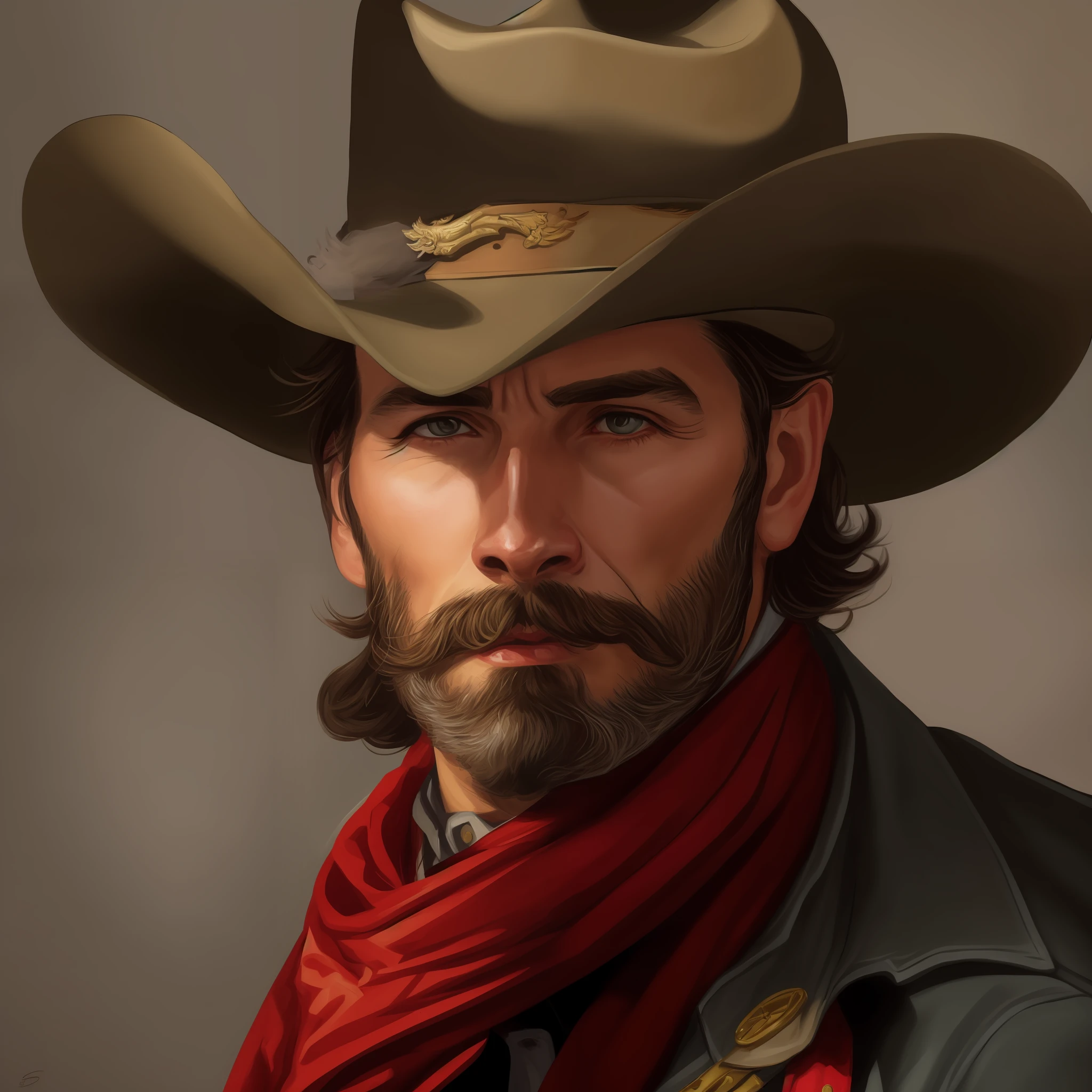 a close up of a man wearing a cowboy hat and a red scarf, cowboy portrait, bearded cowboy, portrait of a cowboy, cowboy portrait male, symmetry!! portrait of a cowboy, jesse mccree, mexican vaquero, western painting, western gunslinger, western art, mccree from overwatch, portrait of a rugged ranger, oldwest, western comic art