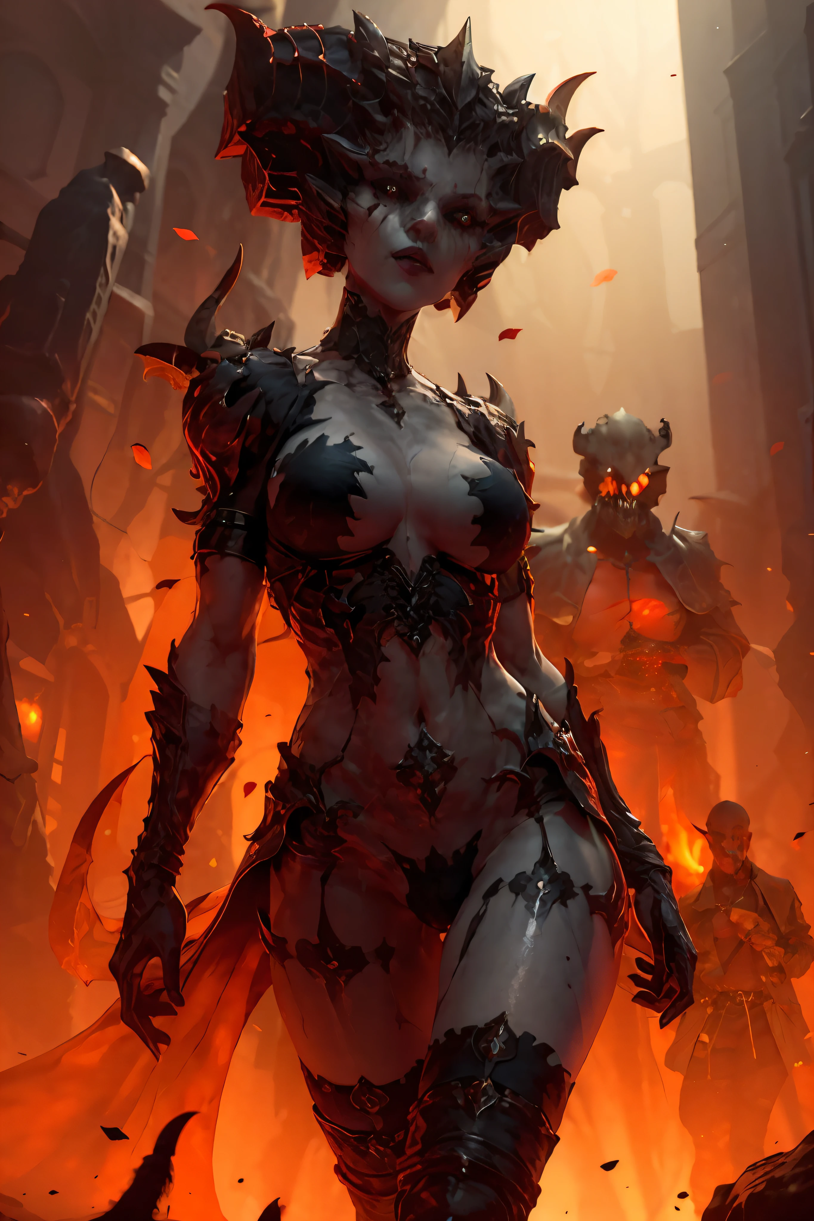 Dark Art style, Lilith, (realistic: 1.5), a shot of a woman (walking: 1.3) towards the viewer with a beautiful (face: 1.3), (large natural breasts: 1.5), (incredibly small details: 1.2), aperture 13, skin reptile texture, detail in shadows, (dark colors: 1.2), intricate details, subsurface dispersion, three-point lighting, edge lighting, incredibly detailed shadows,  solo, ambient occlusion, textured skin, wide hips, wide breasts, tight clothing, lewd, lewd clothes, masterpiece, best quality, ultra detailed, texture, looking at the viewer, detailed eyes, detailed face, (masterpiece: 1.4), (best quality: 1.4), (bright skin), neon lights, (night: 1.4), midnight, forgotten convent, light, feet, (pubic hair: 1.5), clear image, exposed neckline, (saturated colors: 1.5),  flowering around the lights, (red tone: 1.4), abysmal background with skulls and bones crusted, sharp and terrifying