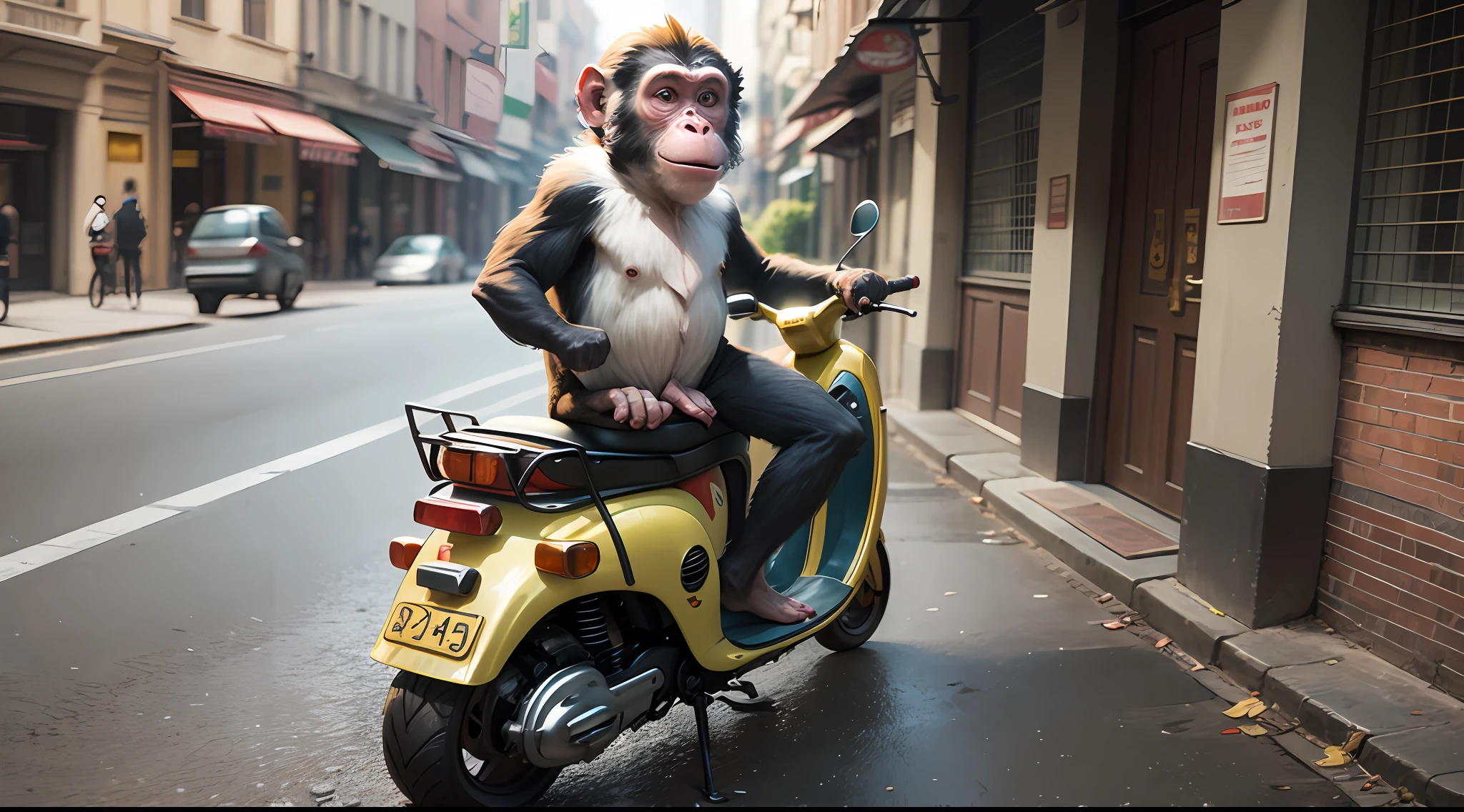 monkey on top of the scooter, showing the middle finger, photorealistic, cinematographic, cinema atmosphere --auto --s2