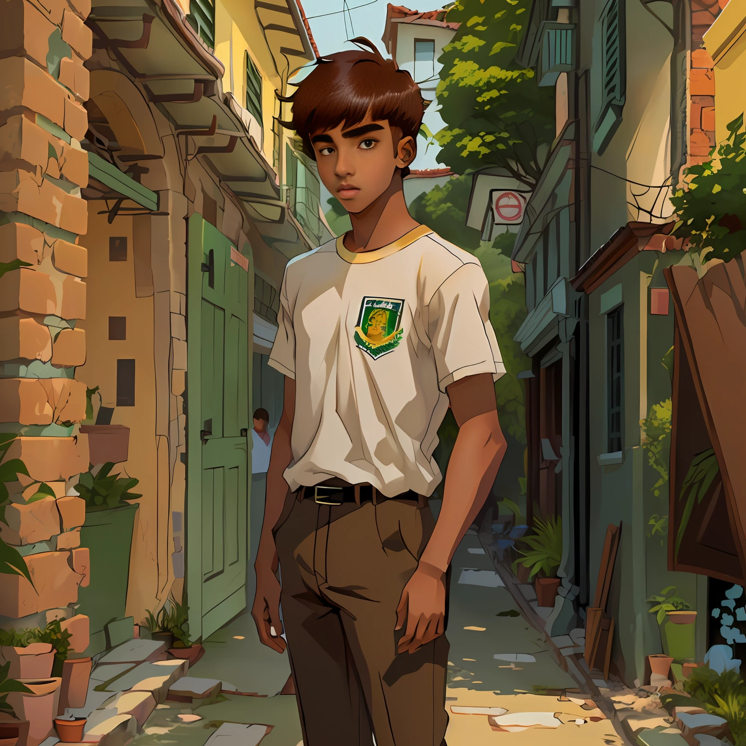 young skinny high school boy, brown skin, Brazilian, brown hair combed with bangs, brown eyes, 2d character, comics