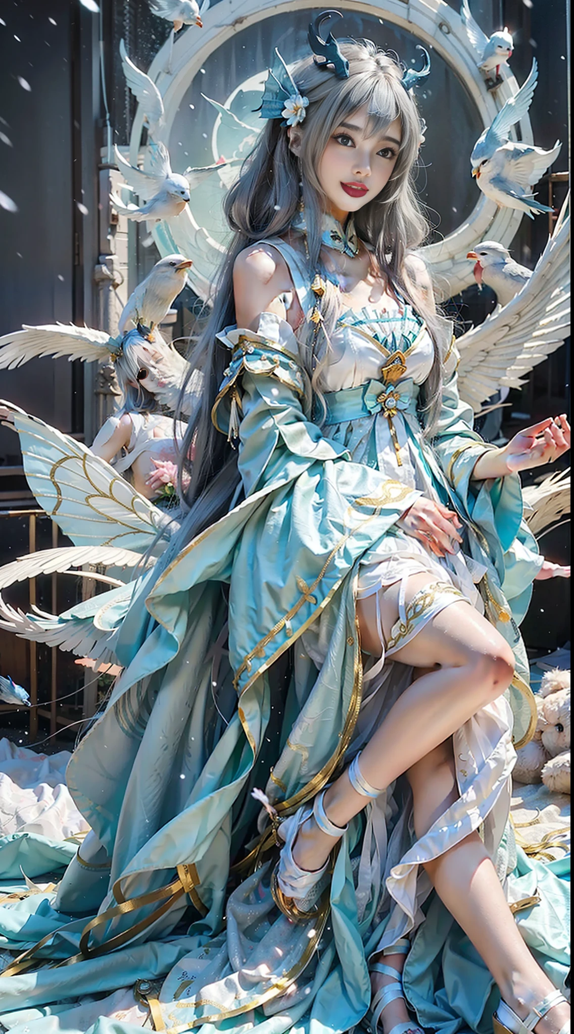 Close-up of a woman in costume on stage, full body fairy, beautiful celestial mage, amazing young ethereal character, beautiful fantasy queen, astral witch costume, Shaxi, flowing magic robe, white Hanfu, fairy fantasy, beauty Delfin, ethereal fantasy, elegant and charming cosplay, Hirose Jinyao, lying on bed, charming, very funny, a sports car, night punk oriental architecture, white furry coat, snow, masterpiece, 8k, best quality, black long straight hair, red furry cape, Cloak, birds in the sky, butterflies in front (full body 2.0) snowy mountains behind, blue sky, holding flowers in hand