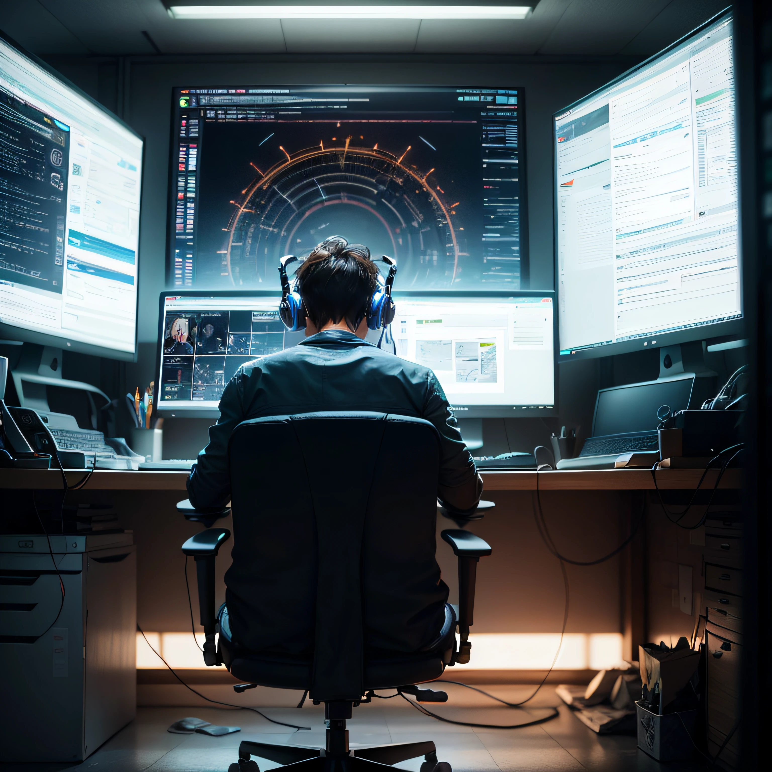 A man sitting at a desk with multiple monitors and a laptop, hacking into the mainframe, cyberspace, the encrypted metaverse, cyber architecture, cyberspace, deeper into the metaverse we go, cyber, futuristic --auto