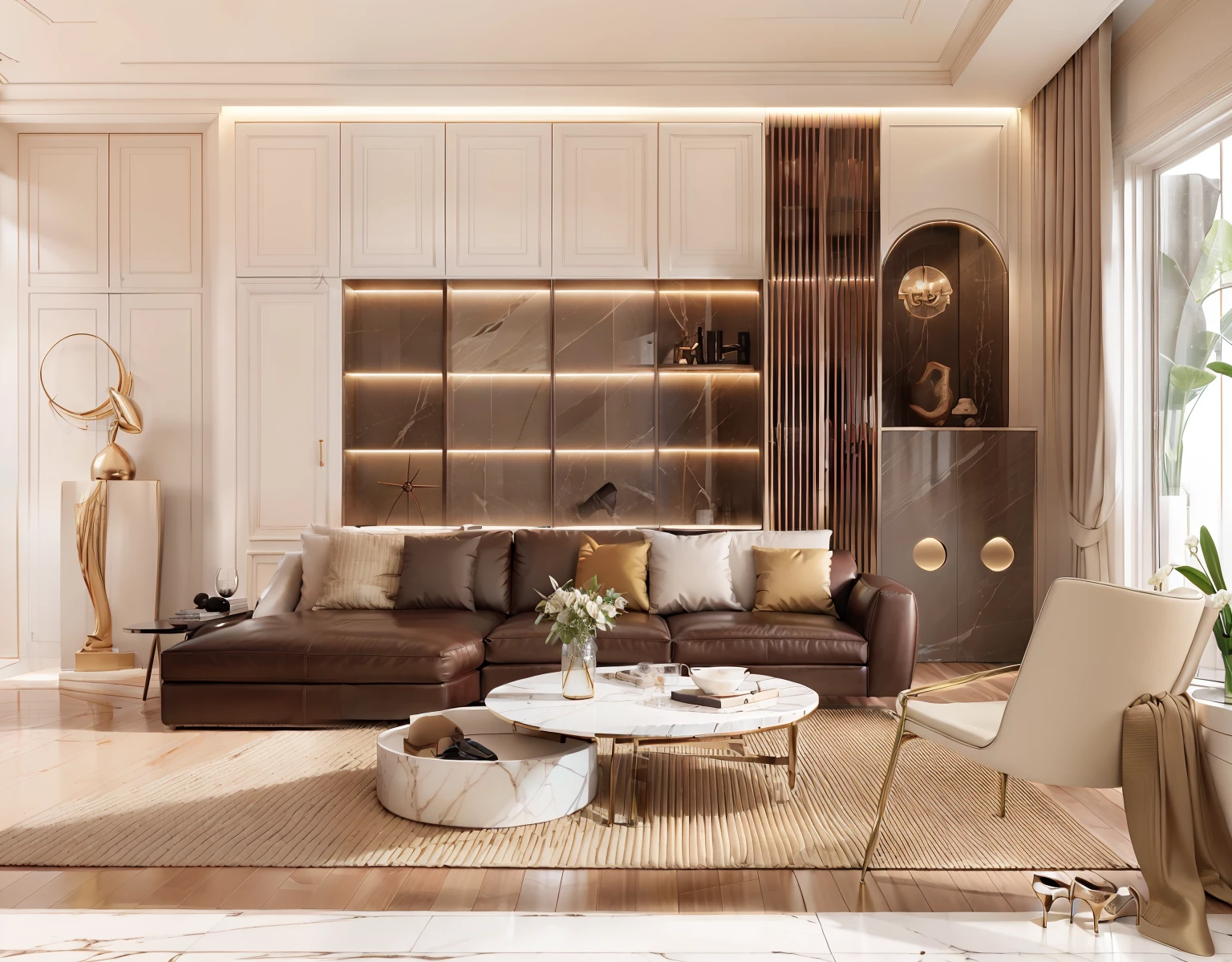 about neo classical lliving room with a dark brown simili leather sofa, gray fur rugivory and white  marble, farbic wall, utral detail, cinematic light, the potter decor on a wall, white marble floor, morden and classiccal space, super sophisticated texture,  elegant and refined, exaggerated texture, made of liquid metal and marble, felt upholstered sofa, (supper detail)), 1 shoes Cabinet