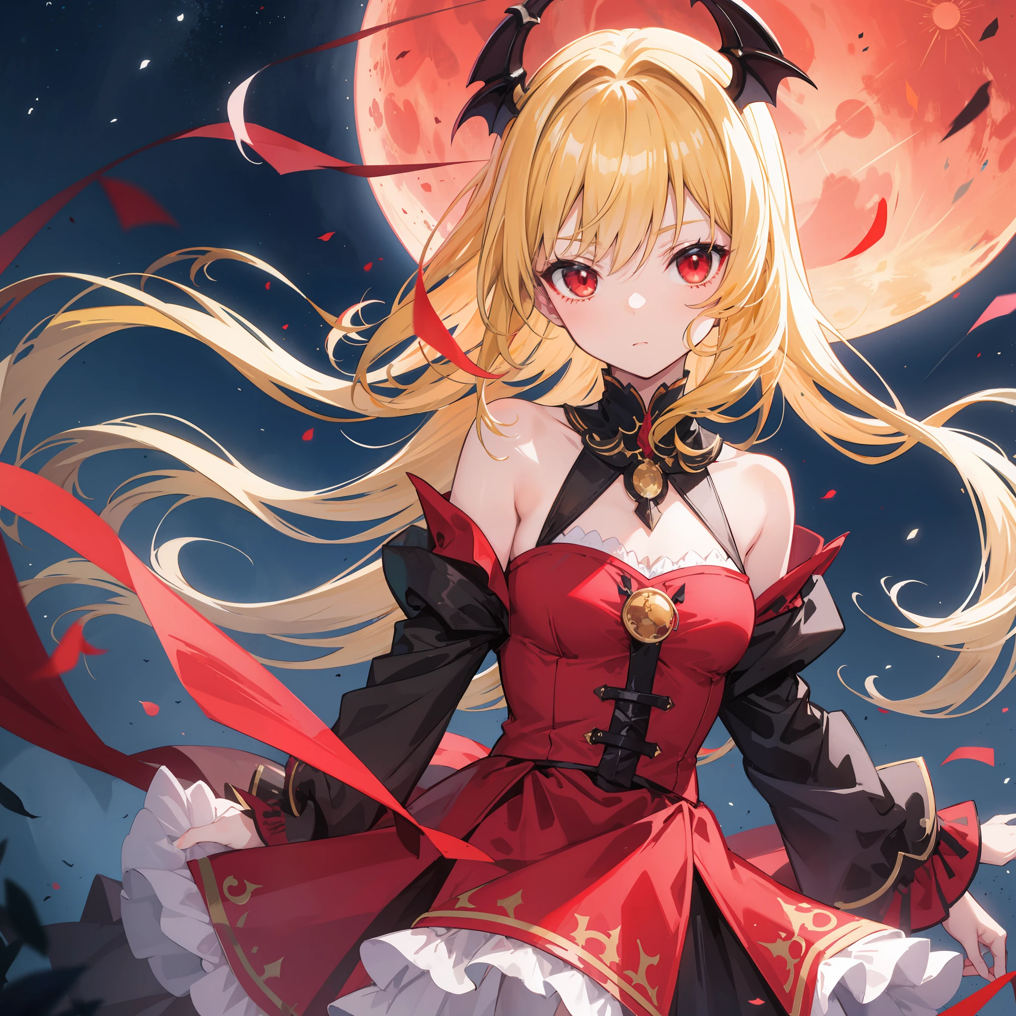 anime, blonde and red eyed vampire, girl, dress, off-the-shoulder, one, solo, red moon, night