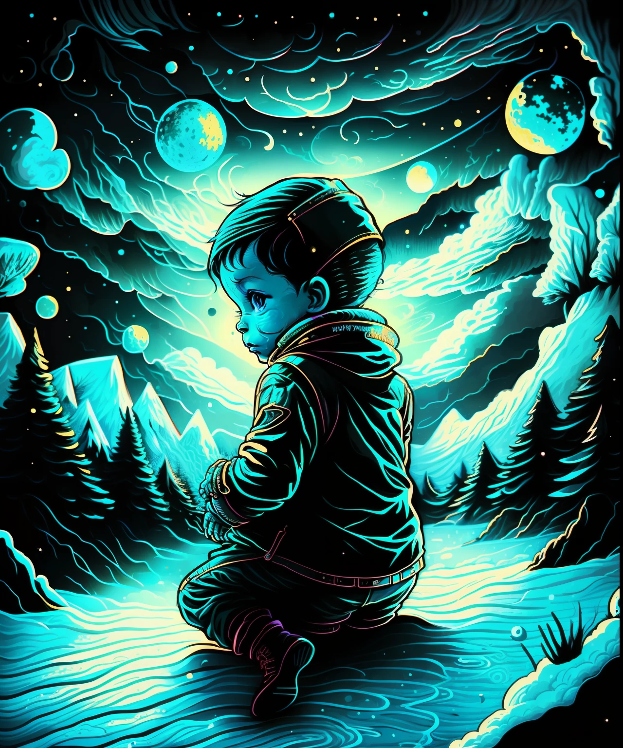 a baby boy looks at a winter in space, art, beautiful illustration