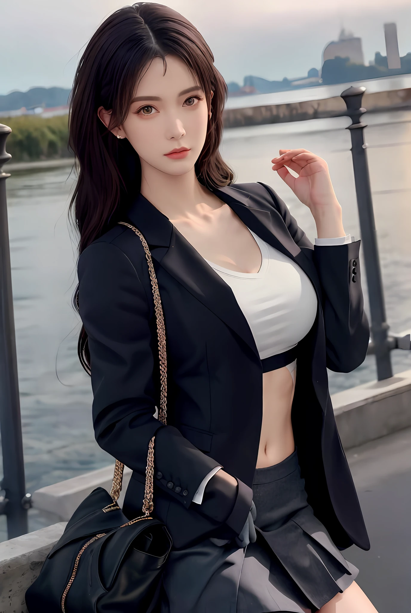 best quality, masterpiece, 1girl, Beautiful face, (photo realistic:1.3), (Leaning Tower Of Pisa background),navel,(high detailed skin:1.2), 8k uhd, dslr, high quality, high resolution, 4k, 8k, Bokeh, absurdres, best ratio four finger and one thumb, (realistic:1.3), cute 1girl, wearing black formal blazer, medium breasts, short skirt,