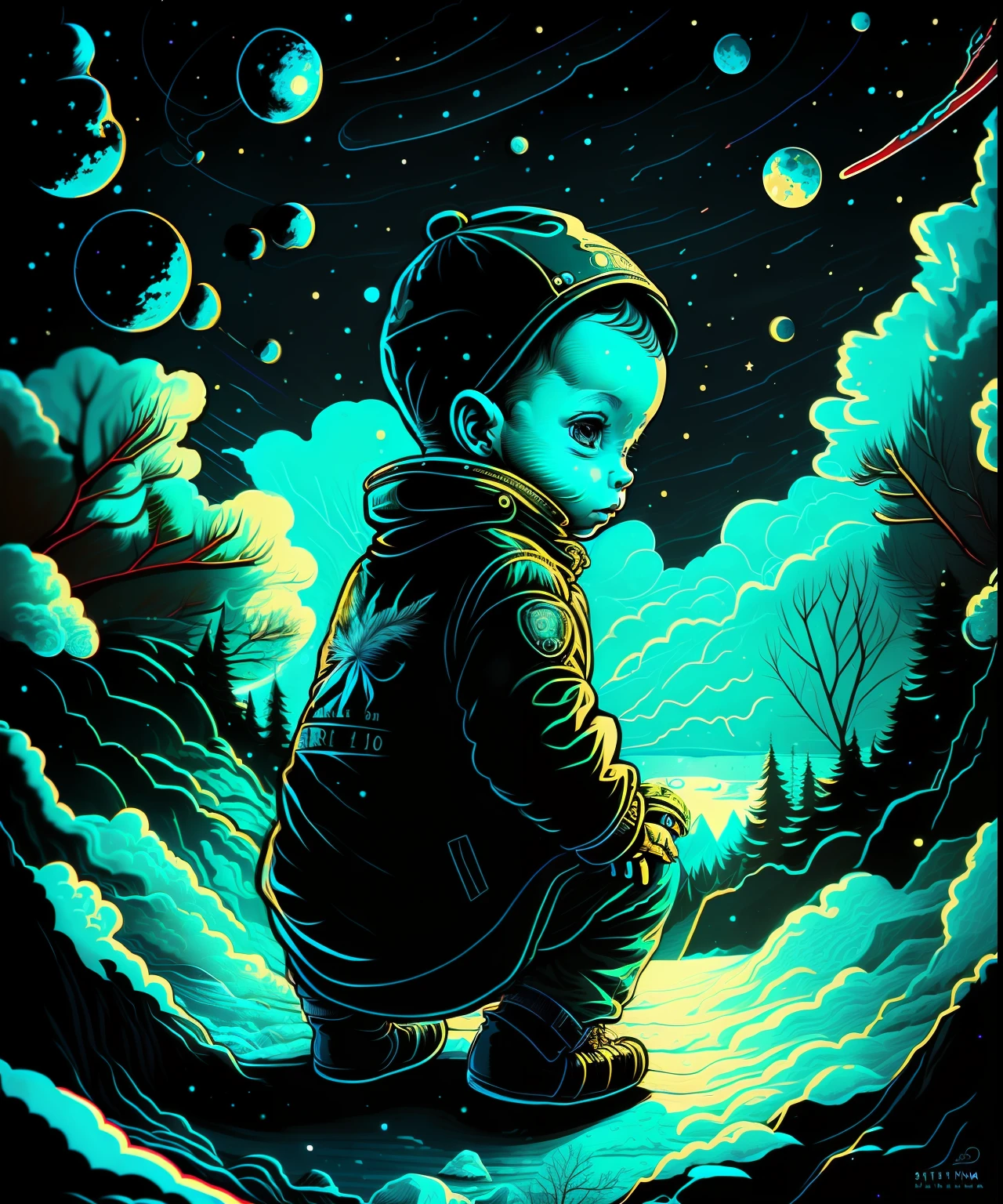 a baby boy looks at a winter in space, art, beautiful illustration