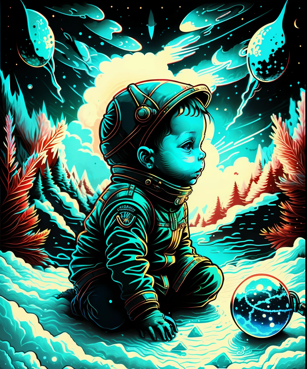 a boy looks at a winter in space, art, beautiful illustration