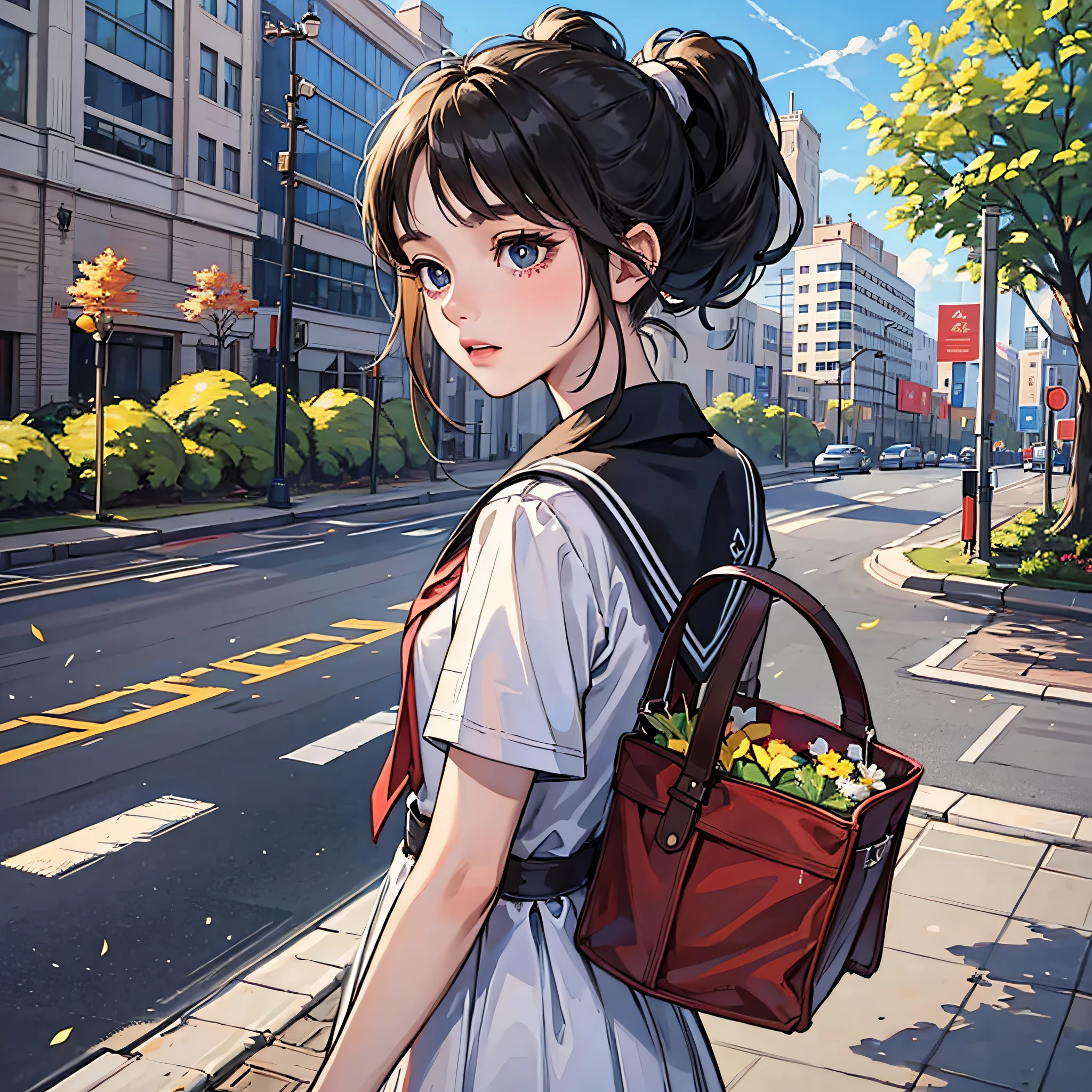 A girl in a black ponytail, wearing a white school uniform, looking down at her phone with the campus in the background