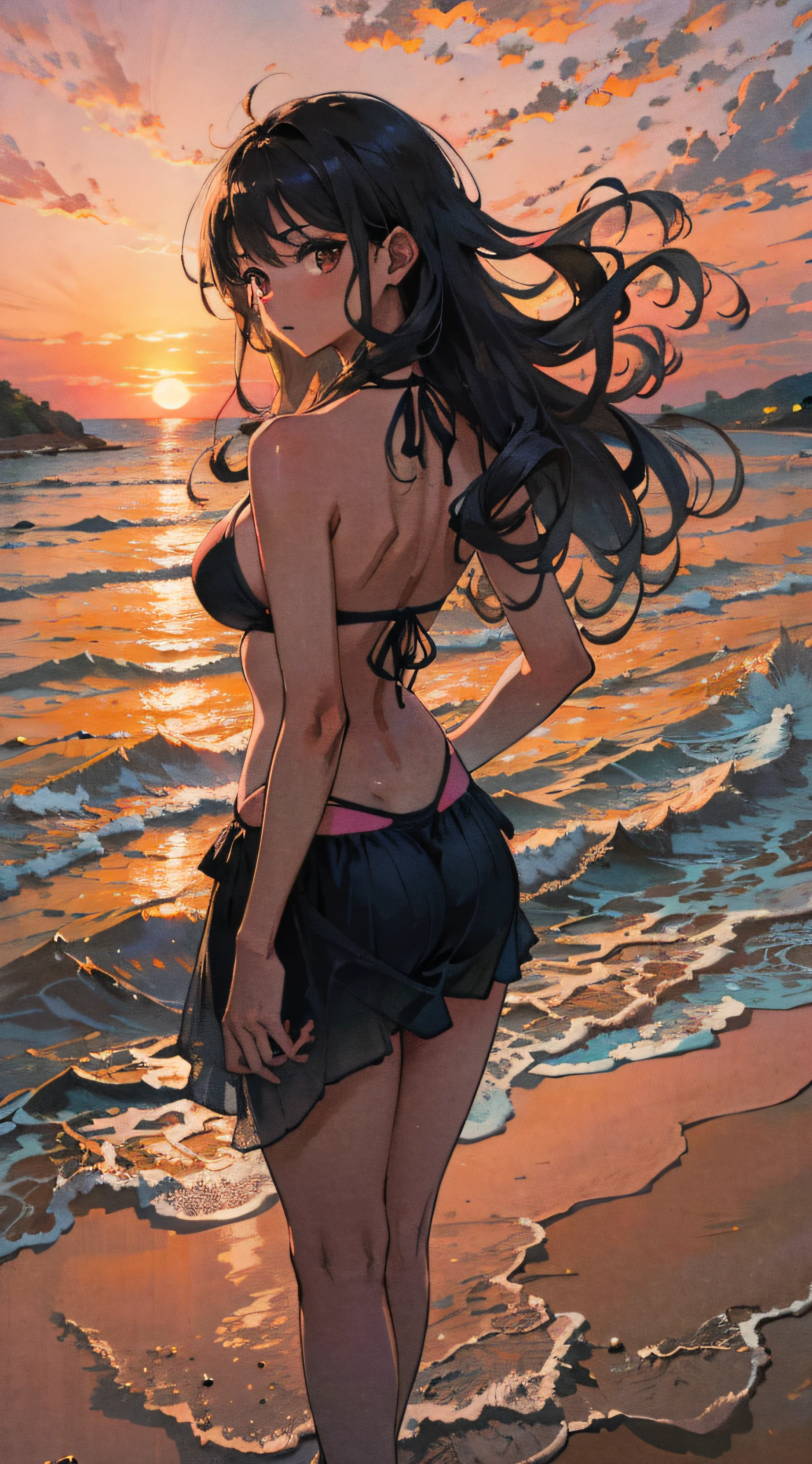 "Masterpiece, realistic, high quality, beautiful black Brazilian girl with black curly hair, in a pink bikini, with her back in the beach area looking at the sunset on the sea" --auto