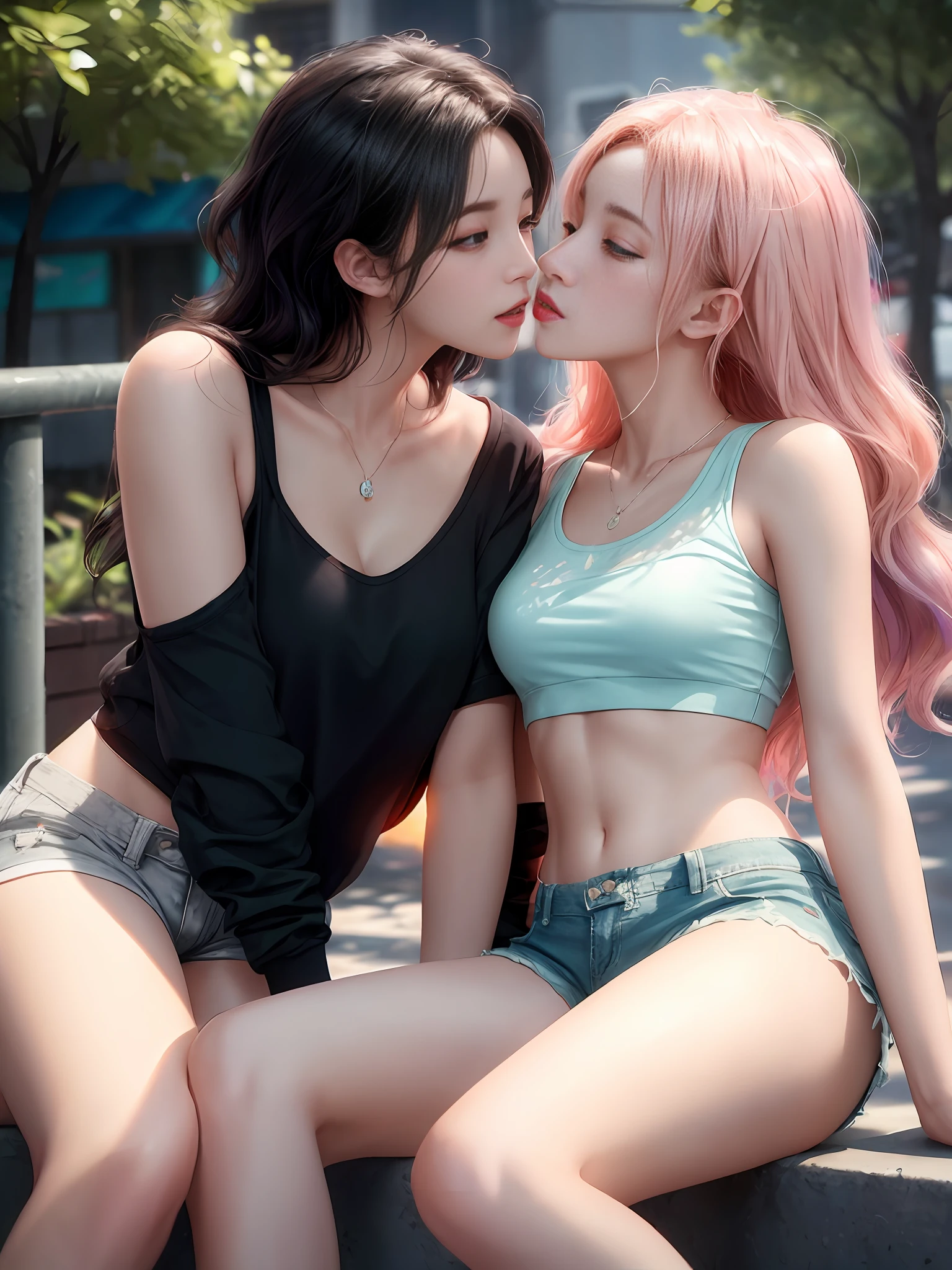 pastel colors, soft volumetric lighting, soft glow, two women kissing, wearing shorts and tops, eating cones, in the style of beautiful women, wavy, hot body, streetwise style, stunning, intricately detailed, beautifully color-coded, unreal engine, octane render, natural lighting, ar 9:16,