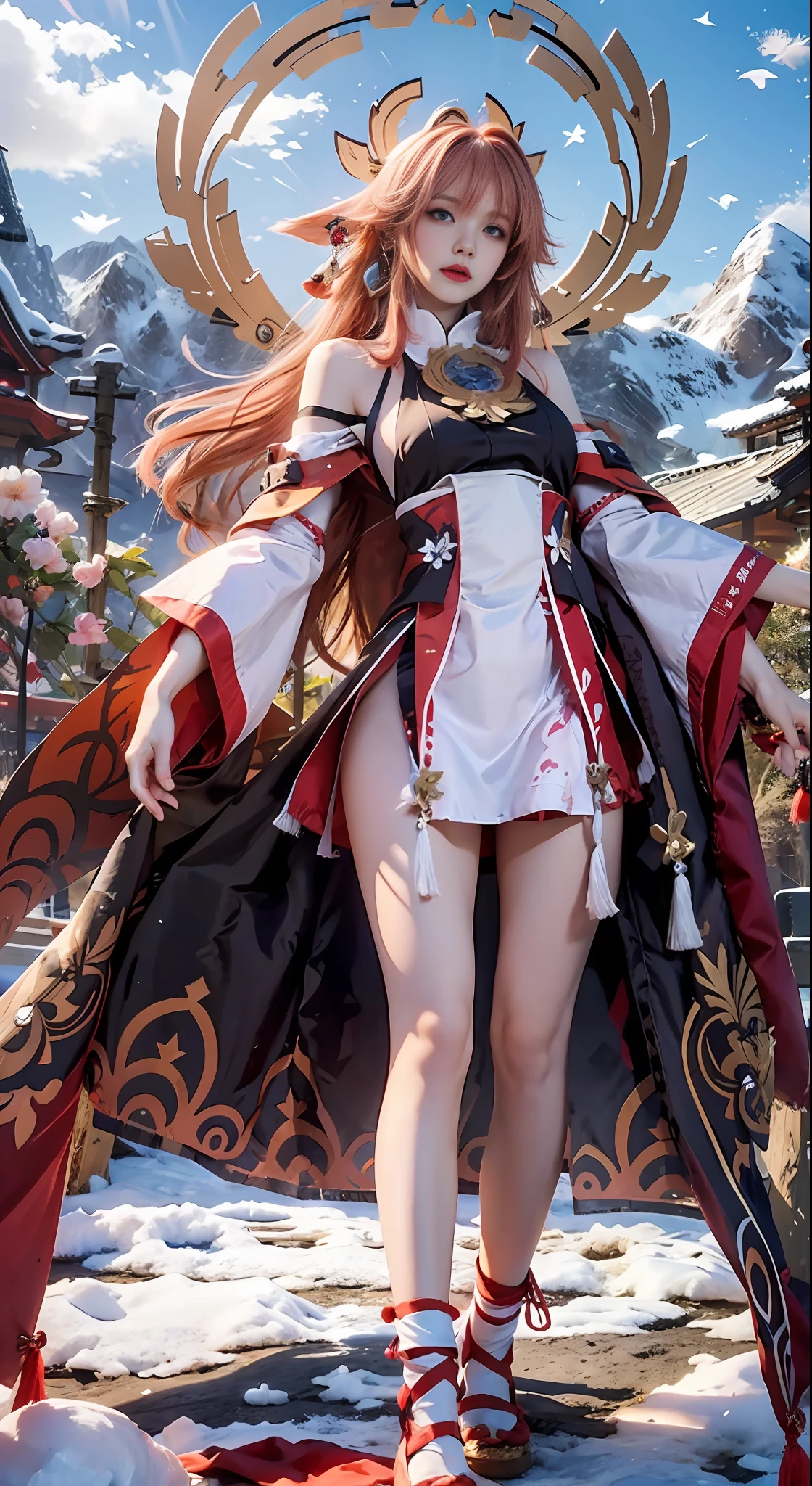 (wallpaper quality, 8K, extreme detail, extreme realism, oil shine), girl in pink dress in enchanting pose, Kokyoshi from Genshin Impact, Nakari from Genshin Impact, Barbie in white lace stockings, from Azure Lane video game, Ki no Sakura, popular on CGSTATION, Ayaka Genshin Impact, 1girl, Feather feidie_helmet, White furry coat, , Snow, Masterpiece, 8k, Best quality, Long straight black hair, Red furry cape, cape, birds in the sky, butterflies in front (full body 2.0) snowy mountains behind, the sky is blue, holding flowers, (realistic, realistic, sexy slim model body),
