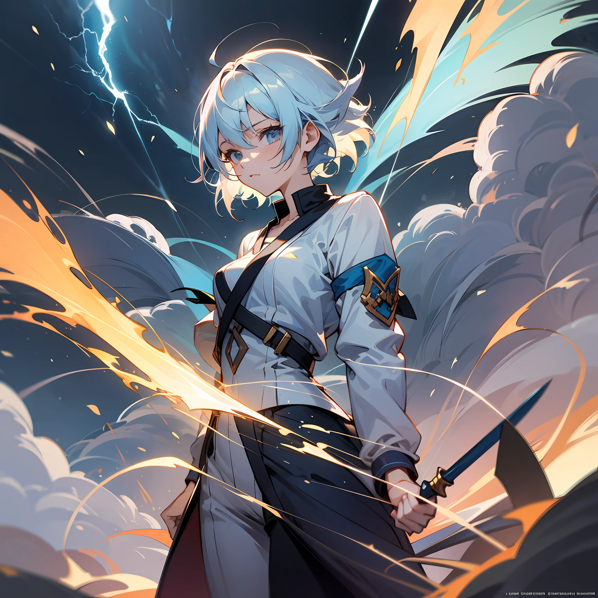 Anime girl, light blue short hair, fighter with a dagger, storm with lightning