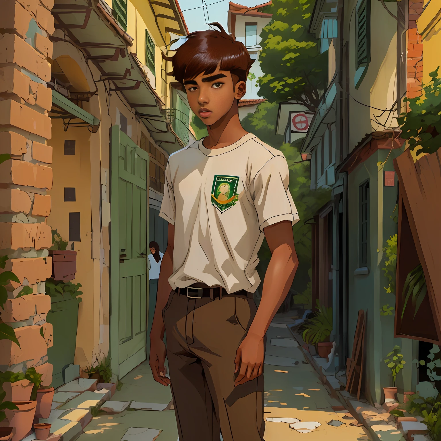 young skinny high school boy, brown skin, Brazilian, brown hair combed with bangs, brown eyes, 2d character, comics