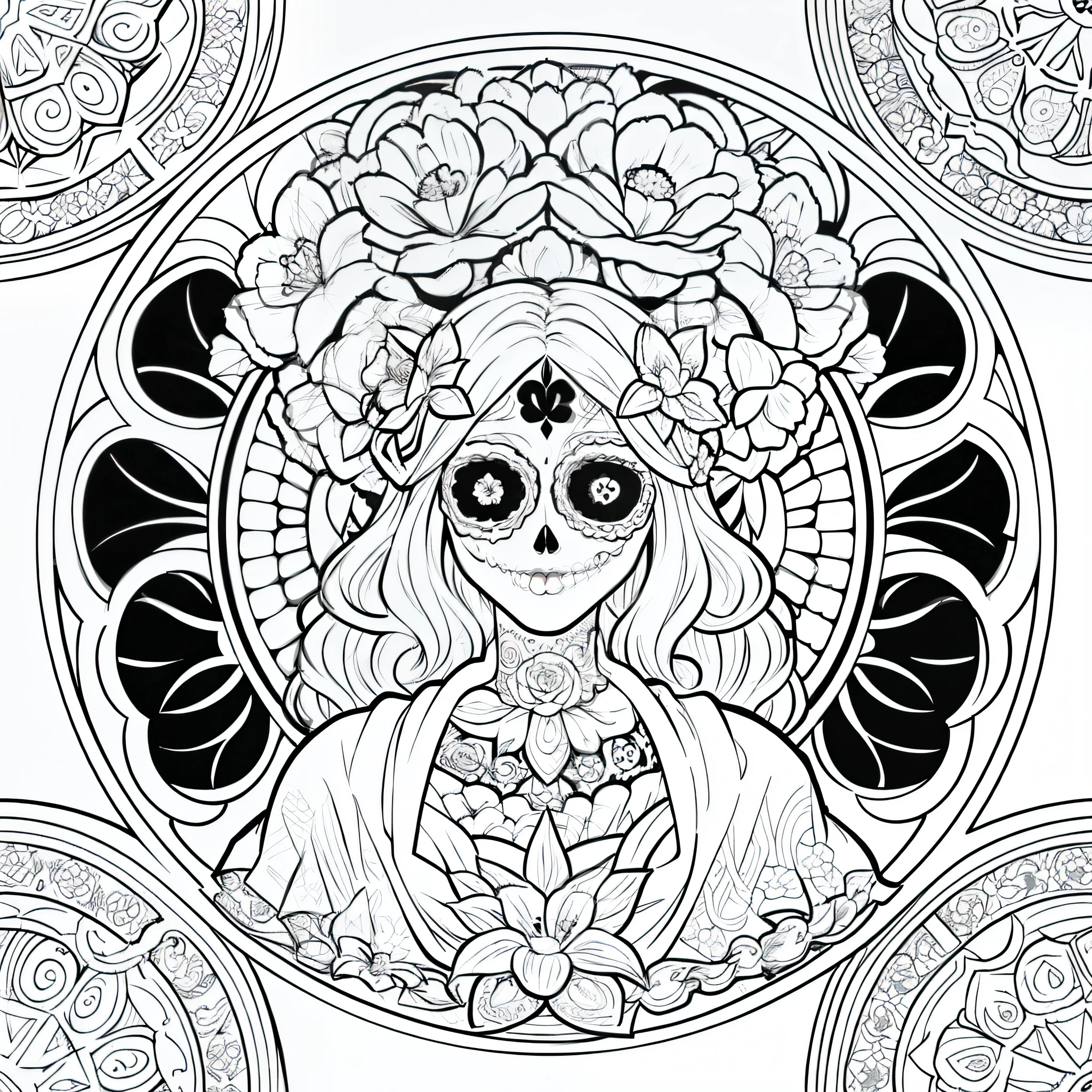 Masterpiece, best quality, (detailed background), high contrast, decorated sugar skull, flower background, medium and clean line drawings, talavera type, art nouveau, vector