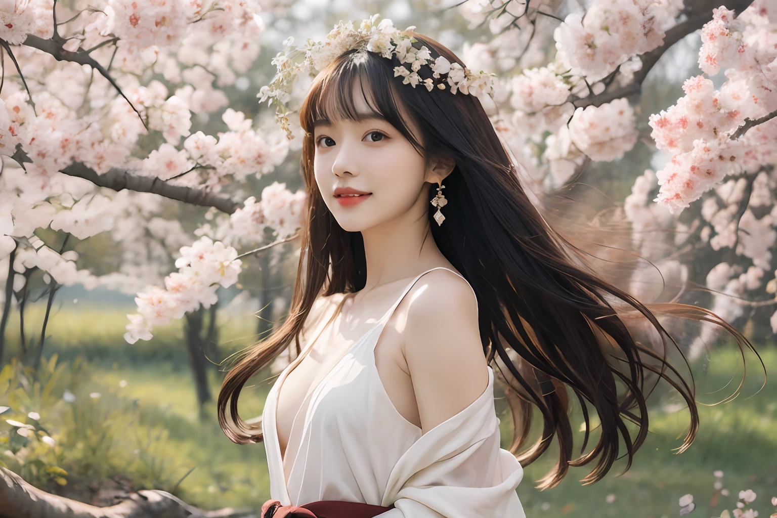 (best quality, masterpiece:1.2), (realistic, photorealistic:1.25), an extremely delicate and beautiful photo, extremely detailed, highres,Girl Portrait, (Face: 1.2), Floating Hair, Wind, Cloud, Sunshine, Movie Light, Bangs, Face Closeup, Sky Background, Oil Painting Texture, Clear Hair, Light Hair, Flowers, Girly, Smiling Face, Bright Eyes, Single Line shoulders, collarbone, shirt, autumn, bare shoulders, bare tree, black hair, branches, cherry blossoms, cleavage, coat, (robe: 1.21), collarbone, earrings, hair accessories, Hanfu, jewelry, lips, long hair, mid-chest , Sitting, Solo, Tassels, Tree, Wide Sleeves, See-Through Clothing, See-Through Clothing, Silk, Negative Space, Ink Painting, Statue, Willow Branches, (Masterpiece Best Quality: 1.2), Chinese Painting Ink, Model Shooting Style, Peaceful, Looking at the viewer, wearing long Hanfu, song, willow in the background, shirt, nsfw, full body, head to toe, natural body, girly look, flying hair
,Beautiful face, (young beauty, adult,) little shy cute face,arms behind back