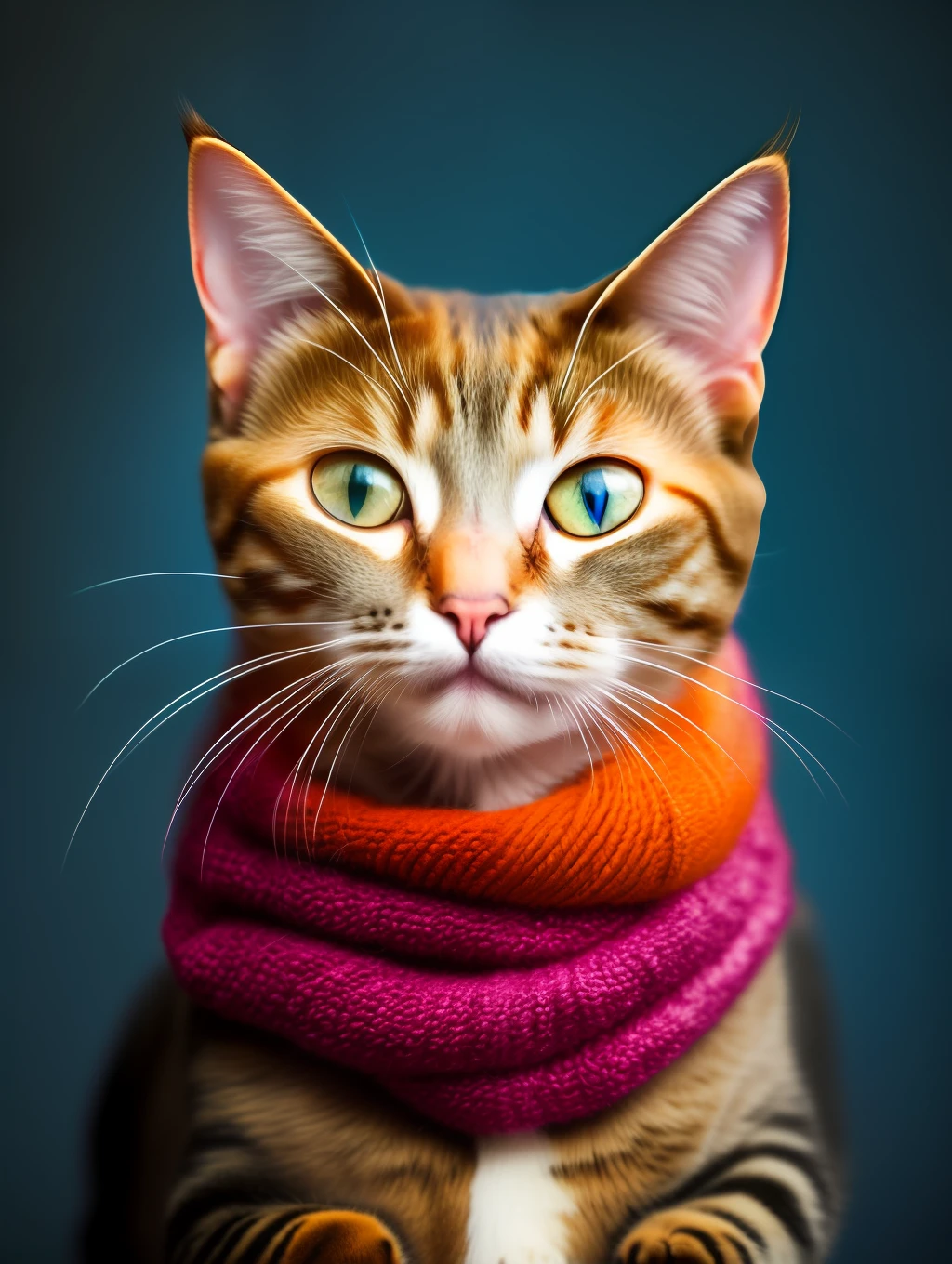 Surreal Macro Portraiture, of a insanely beautiful kitty cat, orange scarf around its head, in the style of Diego Fazio, photorealism, vibrant interplay of light and shadows, vivid focus