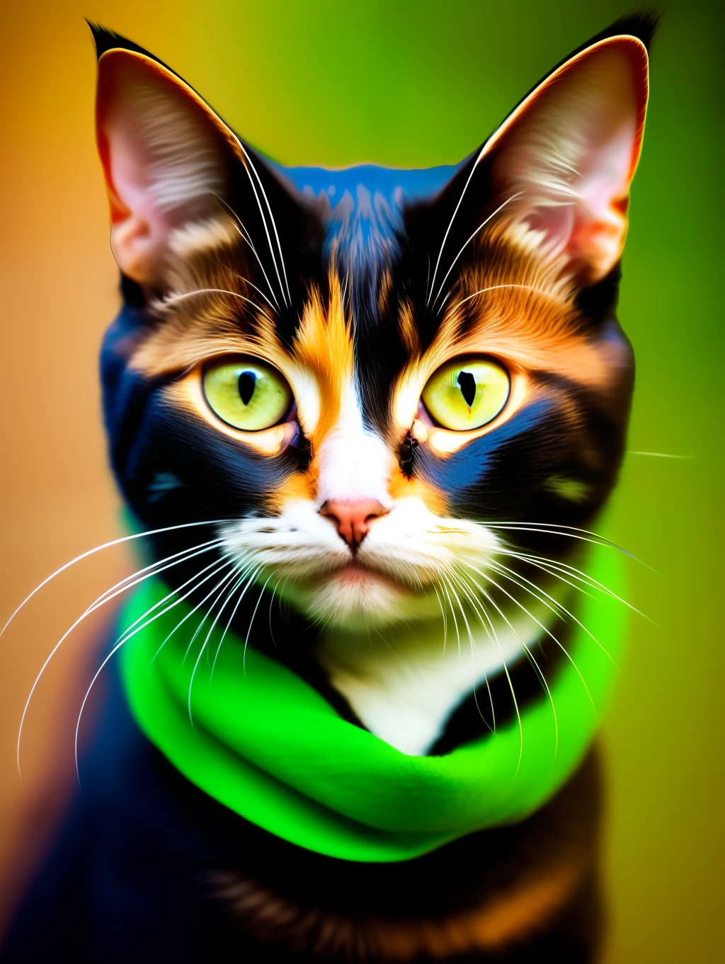 Surreal Macro Portraiture, of a insanely beautiful kitty cat, green scarf around its head, in the style of Diego Fazio, photorealism, vibrant interplay of light and shadows, vivid focus