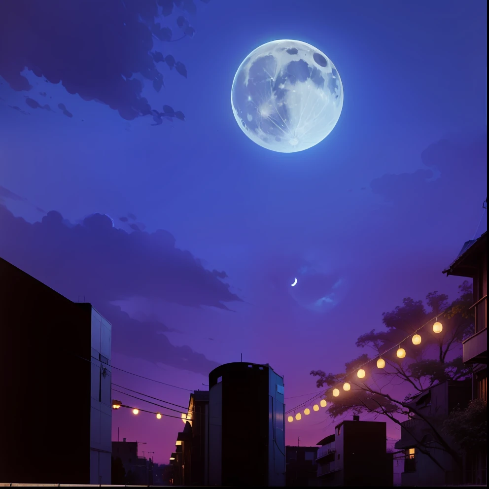 full moon over a city with a fence and trees, street moon landscape, moonlit purple sky, moonlit nightscape, city street on the moon, (moon in the background), moonlit night, nighttime moonlit, moons in background, late evening night scene, city,hyperdetailed, moonlight,hyperrealism,realistic --auto