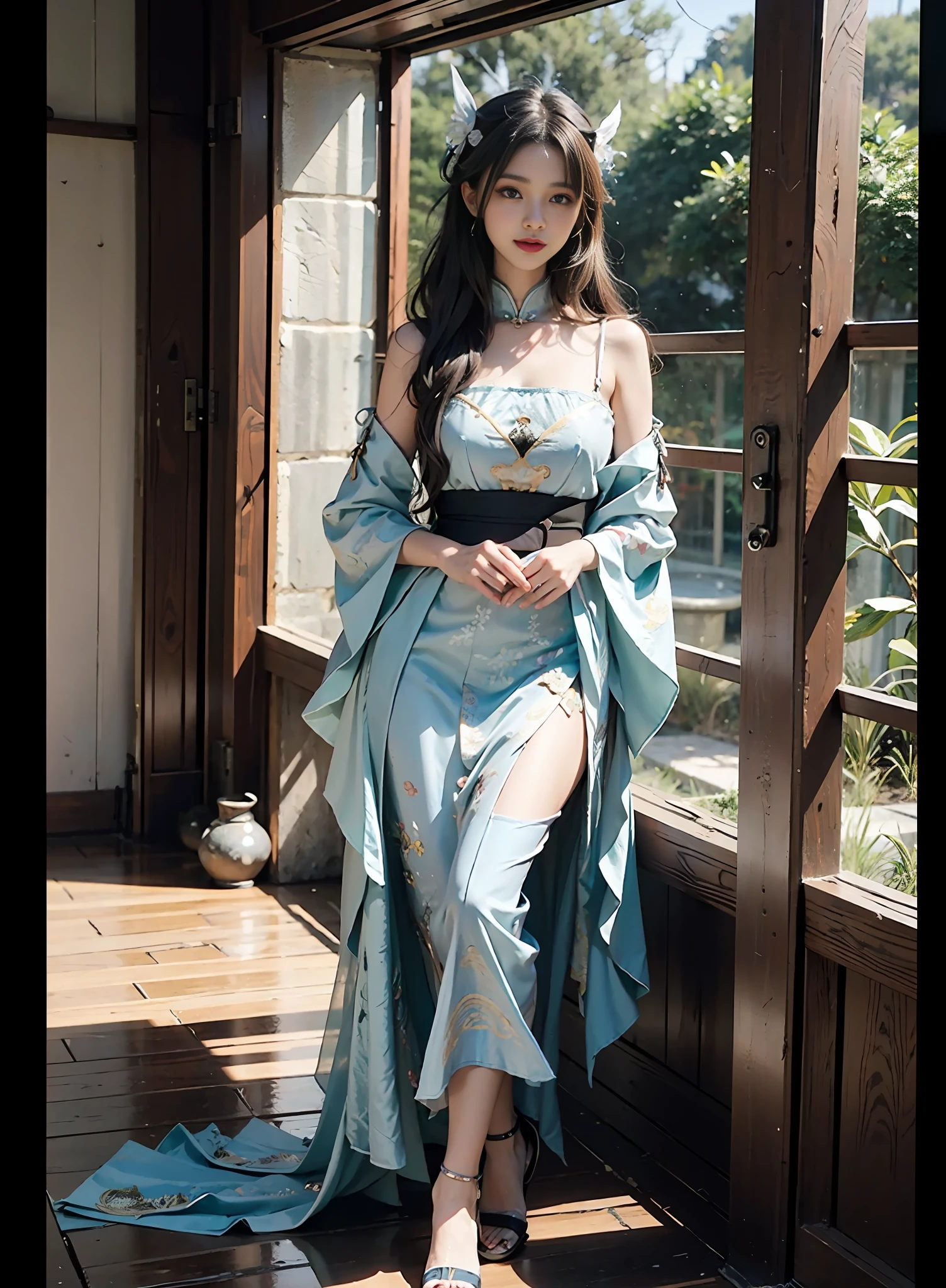High quality, masterpiece, masterpiece, exquisite facial features, delicate hair, delicate eyes, delicate colored hair, 4K picture quality, brilliant light and shadow, Tyndall effect, halo, messy hair, youthful state, gorgeous scene, exquisite clothes, chains, feathers, big eyes of ancient Chinese beauty very detailed, digital painting, artstation, concept art, clear focus, illustration, (full body 2.0), greg rutkowski and alphonse mucha and victo ngai of art