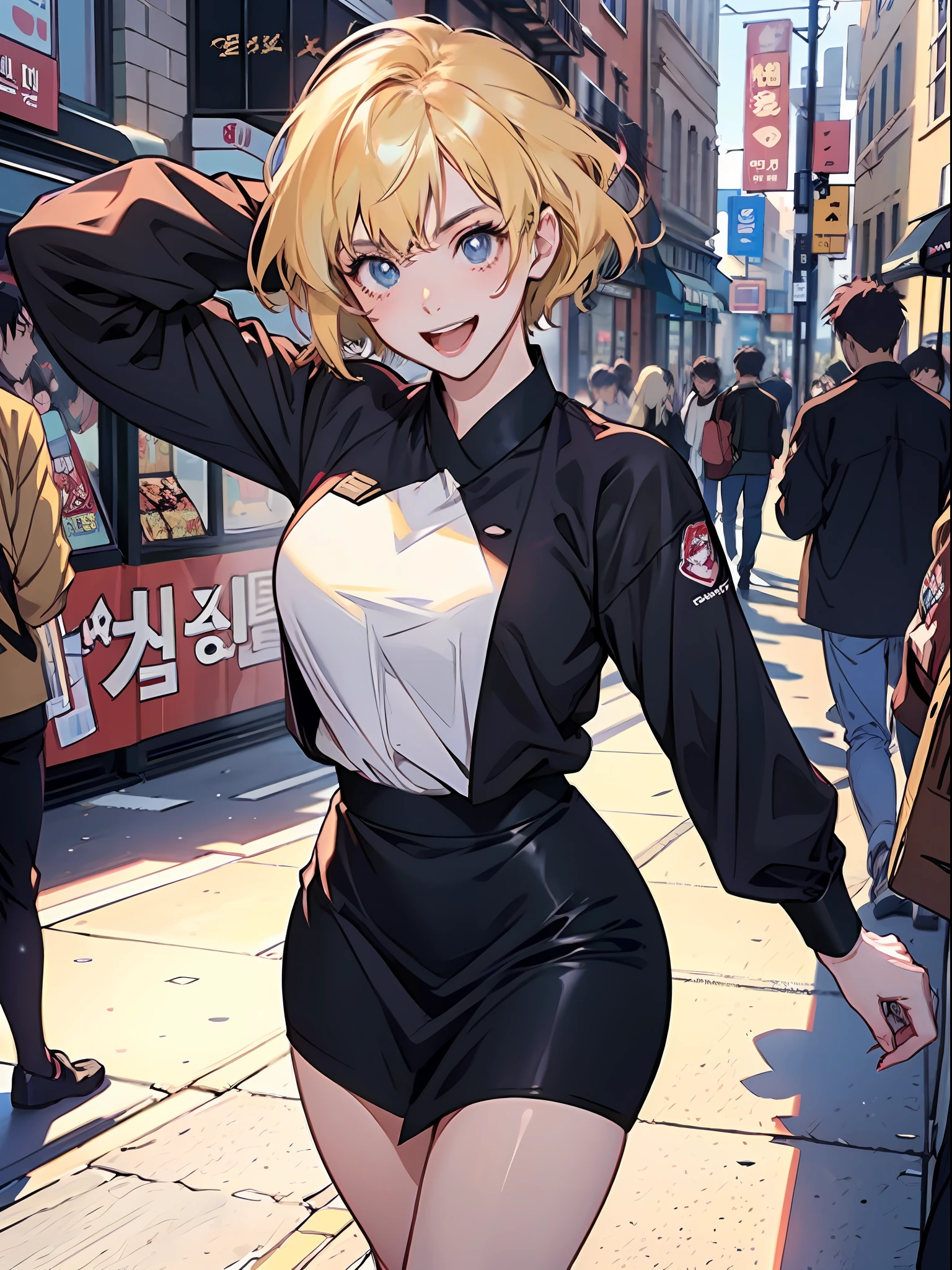 Young woman 18 years: 1.3, Short blonde hair: 1.2, Tall: 1.2, Occupation: 1.2, Daytime: 1.2, On the street: 1.2, Film lighting, Best quality, 8k, shirt with neckline, large breasts (((anime traits)) Korean girl, seductive look, sexy, open mouth and smiling
