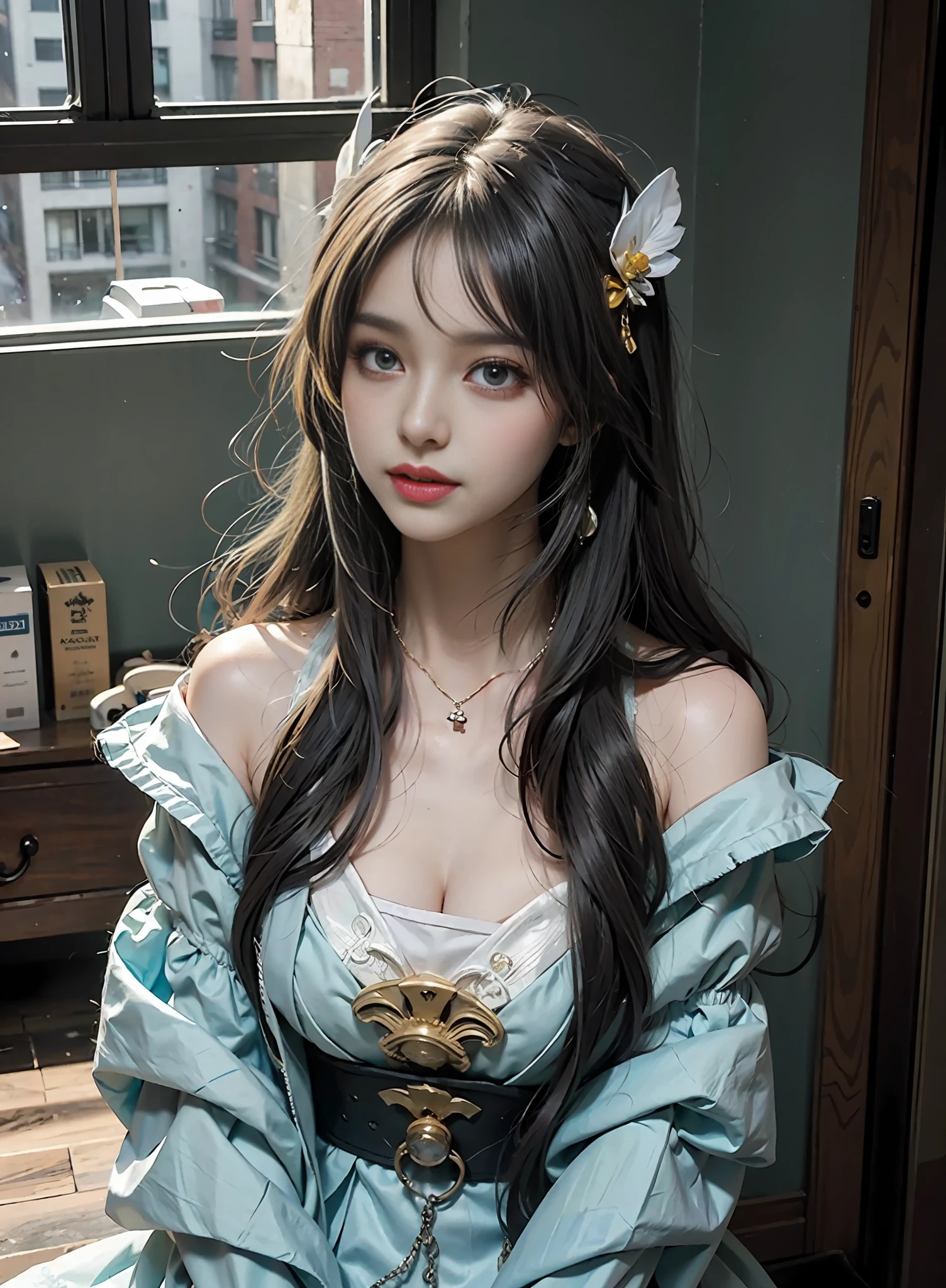 High quality, masterpiece, masterpiece, exquisite facial features, delicate hair, delicate eyes, delicate colored hair, 4K picture quality, brilliant light and shadow, Tyndall effect, halo, messy hair, youthful state, gorgeous scene, exquisite clothes, chains, feathers, big eyes of ancient Chinese beauty very detailed, digital painting, artstation, concept art, clear focus, illustration, (full body 2.0), greg rutkowski and alphonse mucha and victo ngai of art
