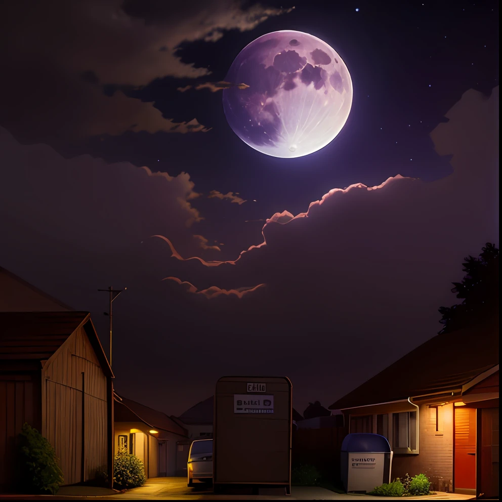 (best quality), full moon over a city with a fence and trees, street moon landscape, moonlit purple sky, moonlit nightscape, city street on the moon, (moon in the background), moonlit night, nighttime moonlit, moons in background, late evening night scene, city,hyperdetailed, moonlight,hyperrealism,realistic