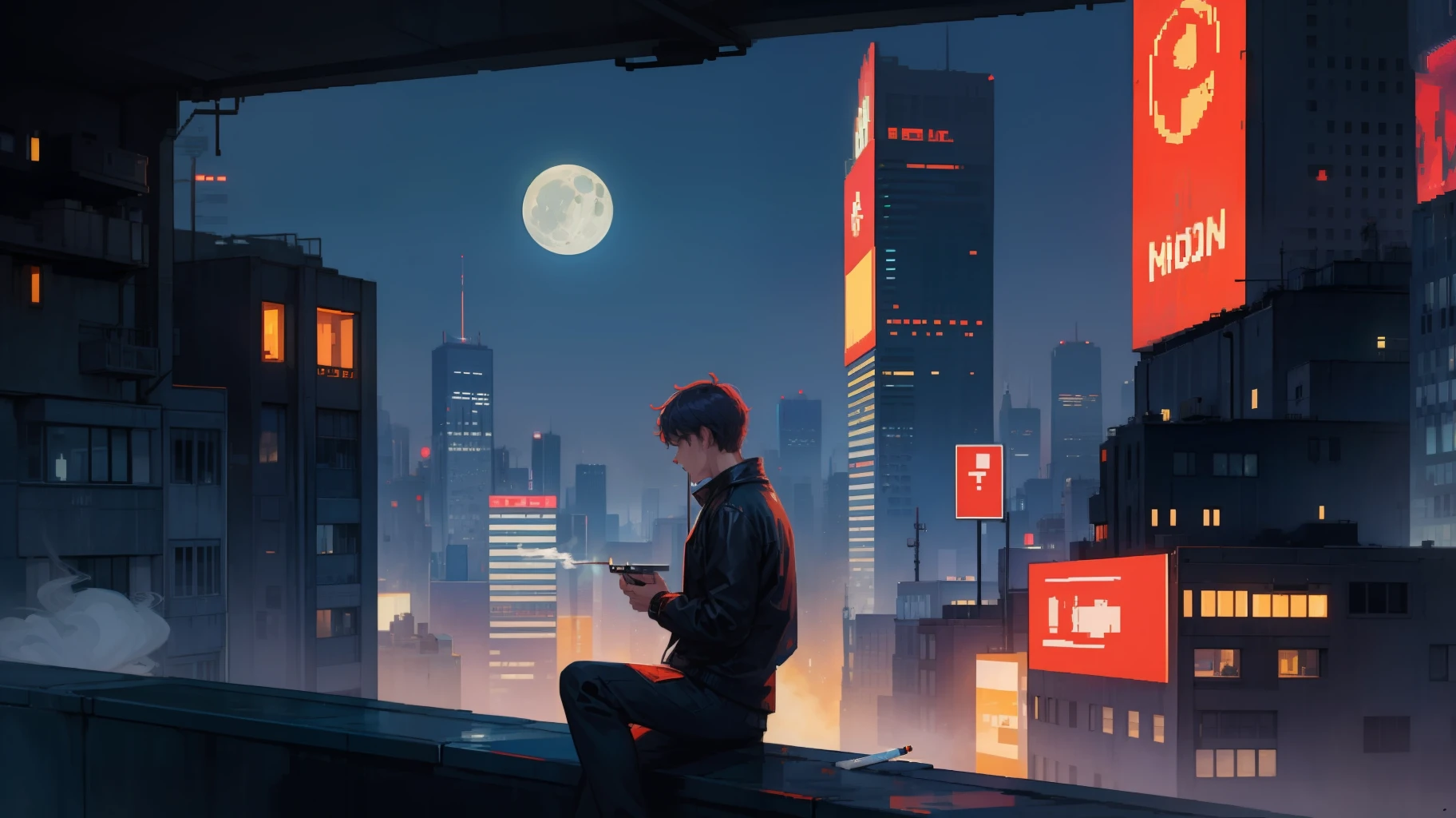 lonely man smoking cigarette pixel art cyberpunk style city lights futuristic city, man at window looking the moon hd super detailed 2d