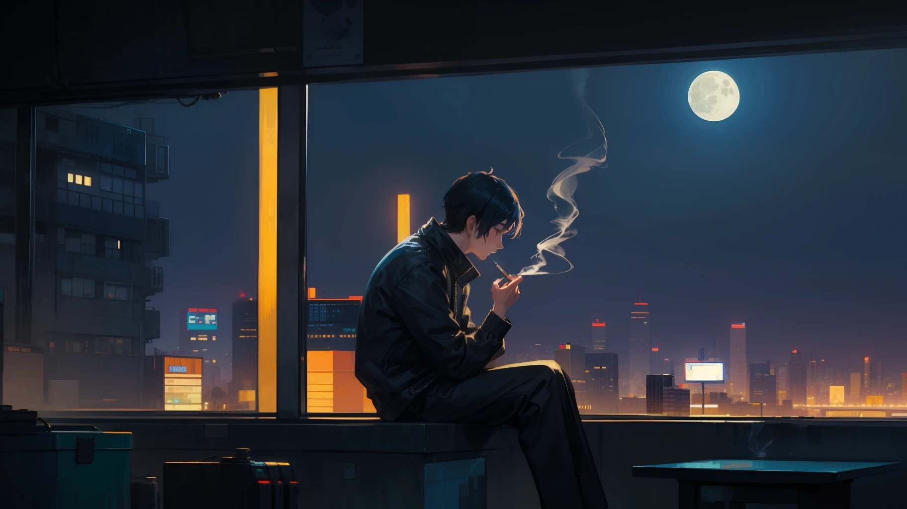 pixelart 2d lonely man smoking cigarette next window while looking moon pixel art cyberpunk style city lights futuristic city hd super detailed 2d