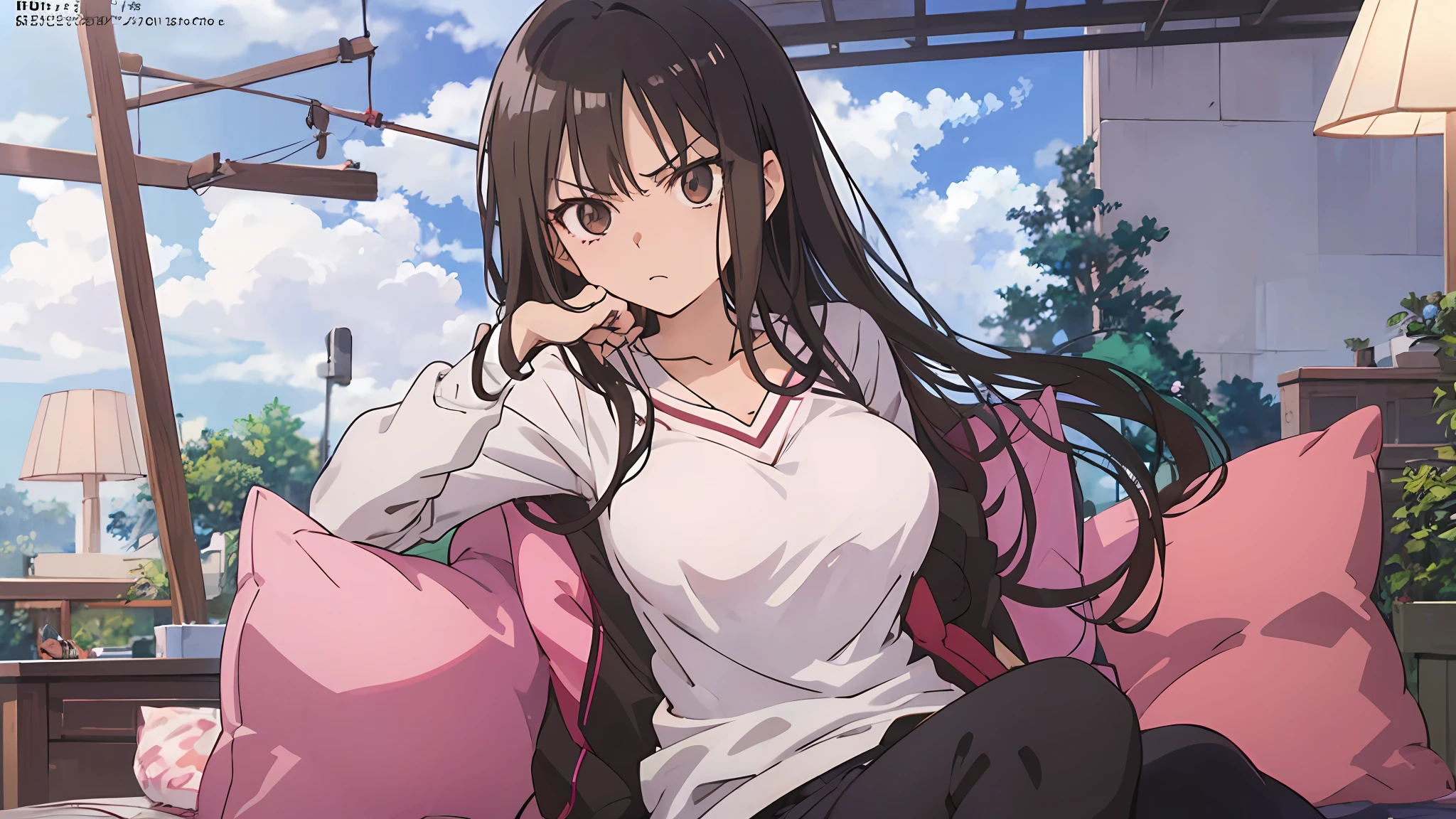 Anime girl with long black hair and white shirt pillow, Nagatoro, Hinata Hinata, big, marin Kitagawa fan art,, Shoko Nishimiya, fleet collection style, big, anime style, anime moe art style, big!, as anime character, official art, beautiful breasts angry glaring
