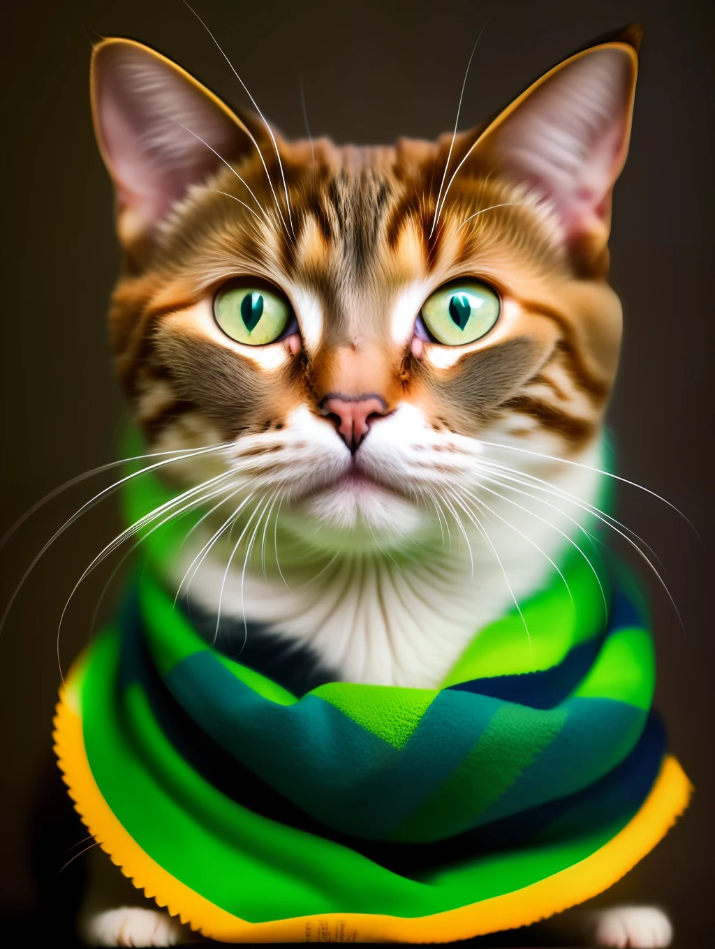 Surreal Macro Portraiture, of a insanely beautiful kitty cat, green scarf around its head, in the style of Diego Fazio, photorealism, vibrant interplay of light and shadows, vivid focus