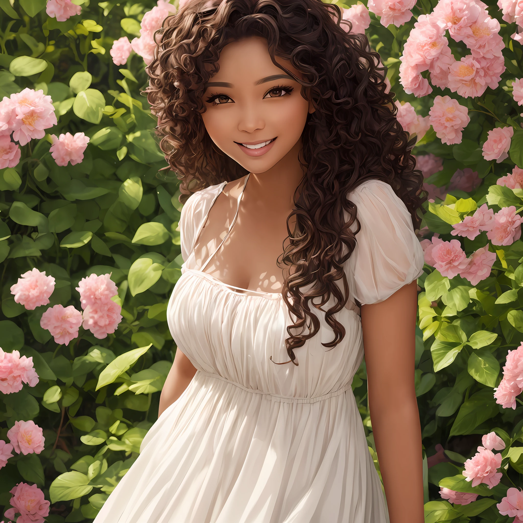 Brown woman, sweet smile, penetrating look, realistic, high quality, in a flowery garden, 4k, long flowery dress, sexy, curly brown hair, brown eyes, wet hair, fleshy mouth --auto